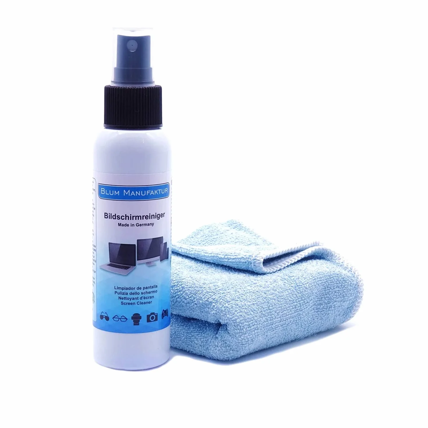 Blum Manufaktur 100ml Pulitore per schermo piatto + panno microfibra 30x30 cm - Pulizia perfetta di tutti gli schermi e display. Senza striature e senza strisce.