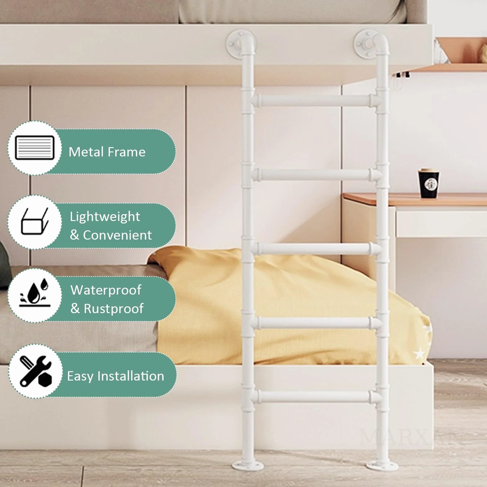 Scala di Uscita di Emergenza Resistente per Casa/Letto a Castello, Scala da Soppalco da Terra in Ferro battuto Bianco con Accessori di Montaggio, Dimensioni Personalizzabili(155cm/61in)