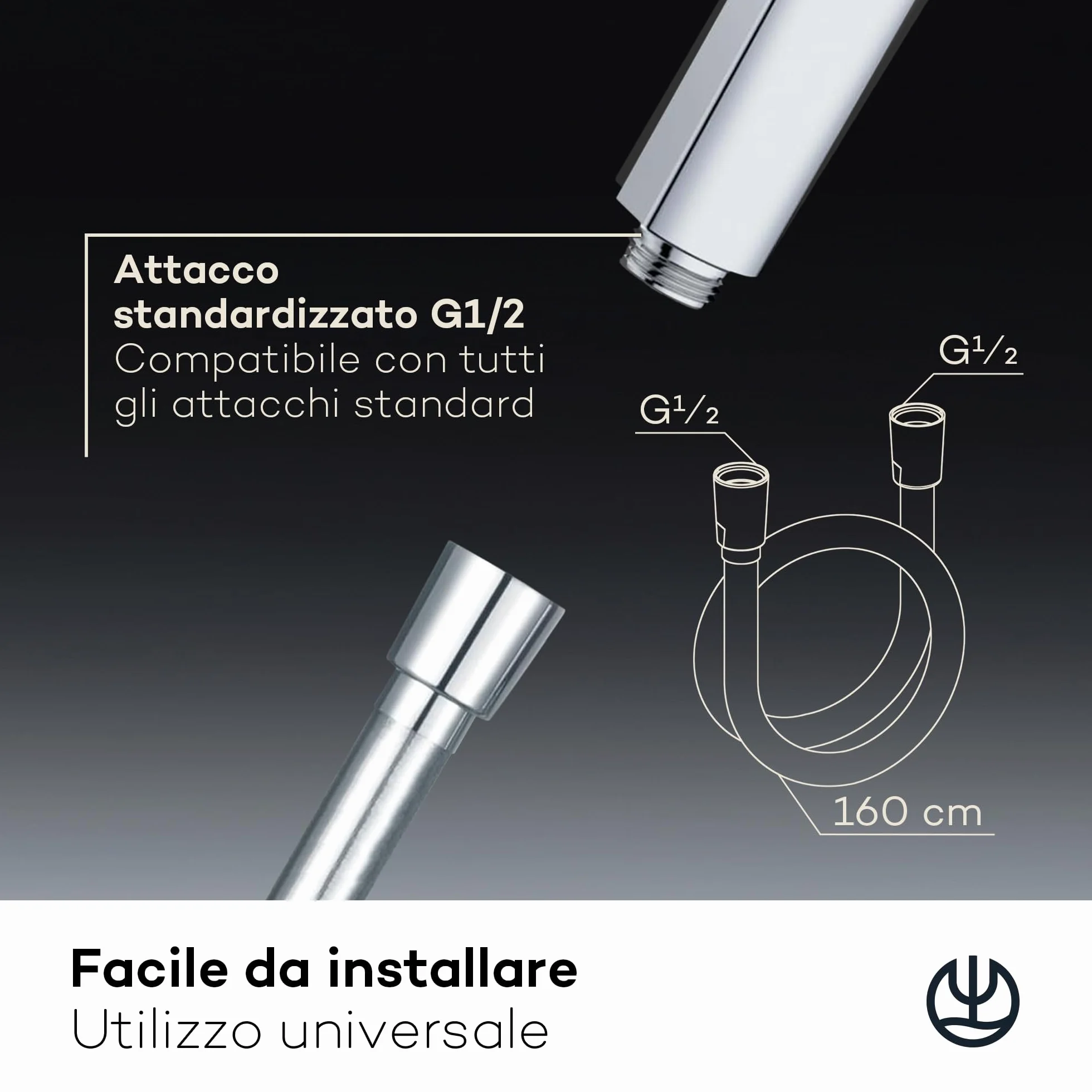 KLUDI-X3 tubo doccia universale 1,60 m, facile da pulire, flessibile doccia con doppia protezione antitorsione, resistente al kink, attacco standard, tubo flessible doccia cromo