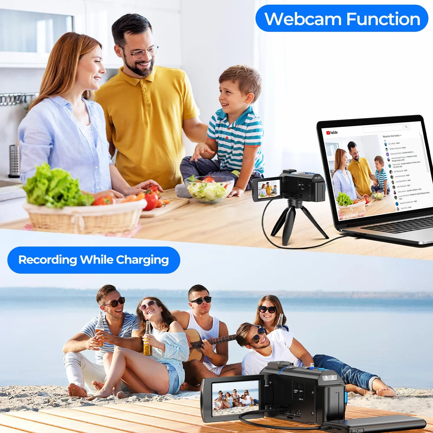 Camcorder 5K 48MP Videocamera YouTube Vlogging, Visione Notturna Webcam, zoom digitale 16X, Schermo Tattile 3" 270°, Camera Vlog con con scheda SD da 32 GB, luce di riempimento, telecomando, Batteria