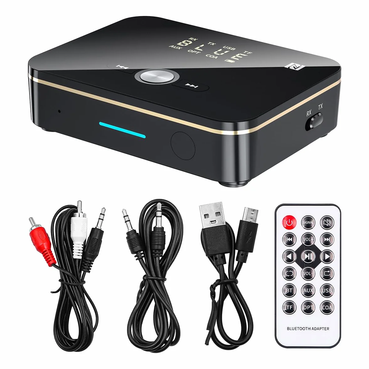 Adattatore Bluetooth 2 in 1 Trasmettitore Bluetooth 5.0 + Ricevitore Bluetooth Portatile e Ricaricabile Sei Interfacce AUX RCA Digitale Ottico/Coassiale USB/TF Supporto NFC con Telecomando