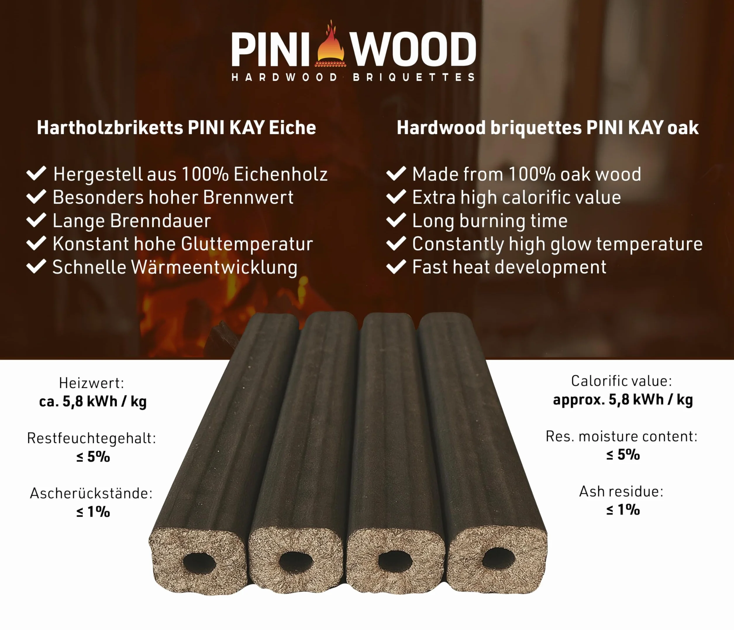 PINI Kay Bricchette legno quercia 23 cm quadrata foro trazione 22,5 kg camino braciere