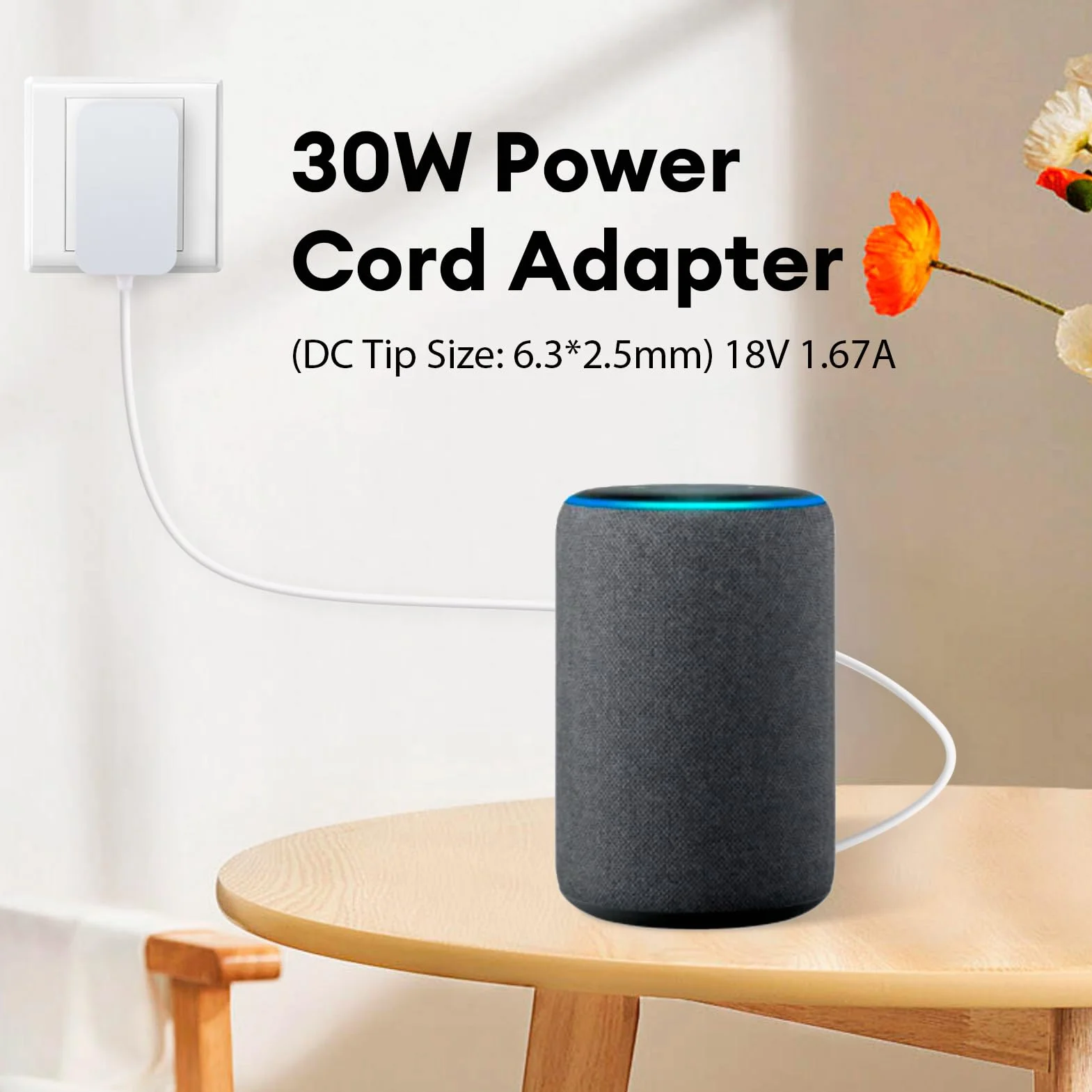 Cavo Alimentatore 30W per Alexa Echo 3ª/4ª Gen, Echo Show 8/10/15, Echo Show 2ª Gen, Echo Plus 2ª Gen, Adattatore 18V 1.67A AC a DC con Cavo da 1.2 Metri, Compatibile Solo con Dispositivi 18V, Bianco