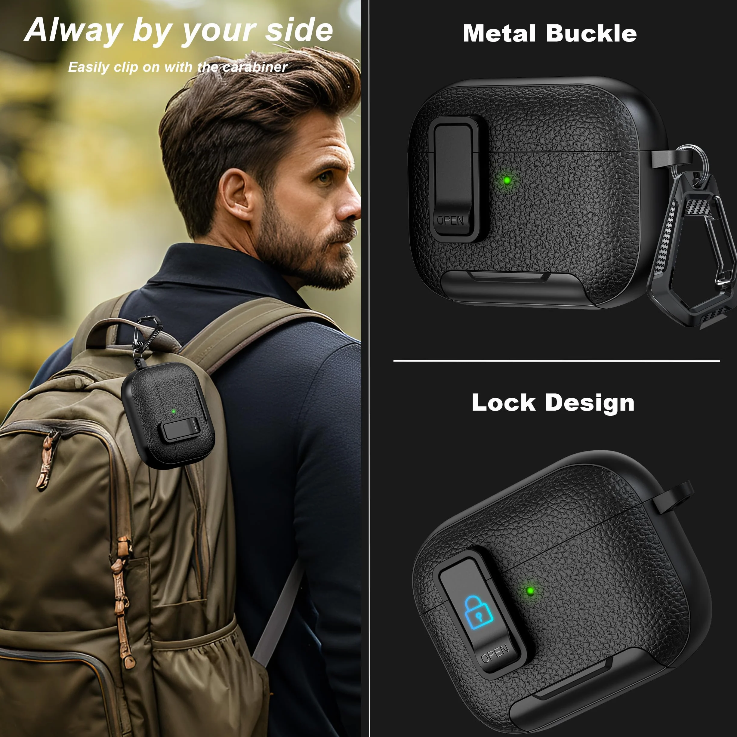 Compatibile con AirPods Pro 3a generazione Custodia con chiusura, Materiale TPU con Texture in pelle, Porta di ricarica antipolvere e funzione di supporto per Airpods Pro 3 Custodia, Nero