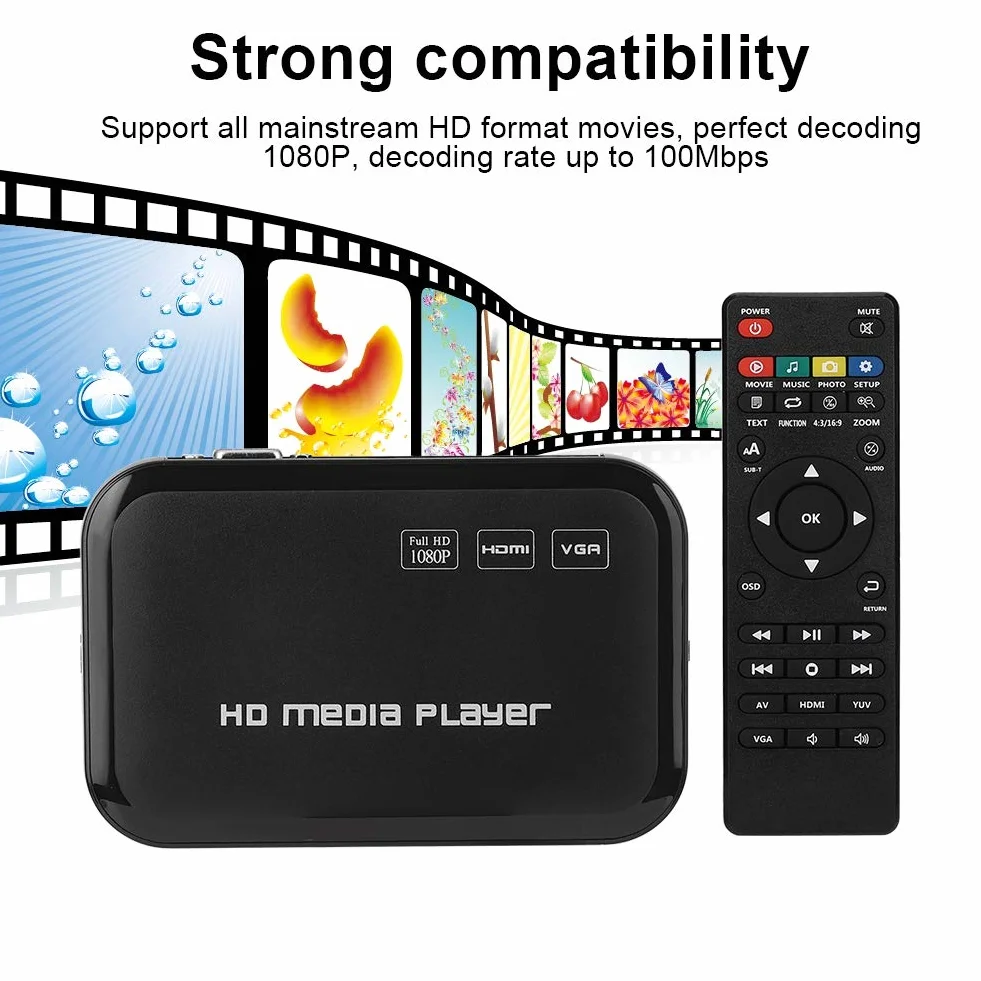 Mini Full HD 1080P Multi Media Player Uscita HDMI/AV, Lettore video audio HD con telecomando e cavo AV, Supporta MMC/SD/MS/SDHC(EU)