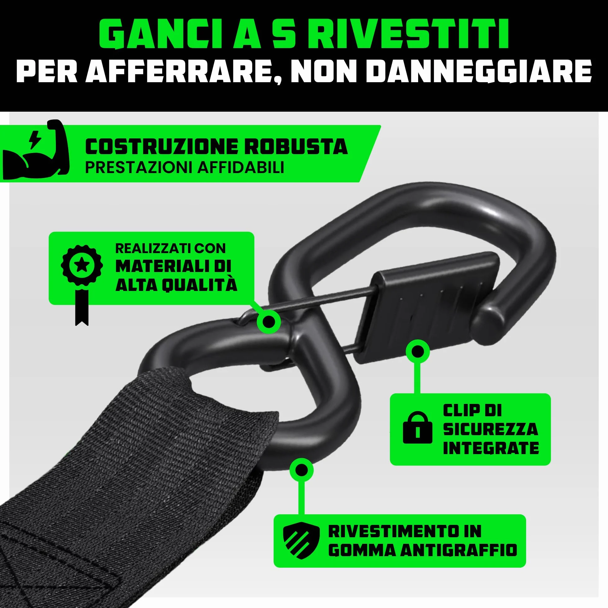 Cinghie a Cricchetto Rhino USA (4-Pack) - 2.5 cm x 4.6 m (800 kg di Resistenza alla Rottura) - Ganci a S di Sicurezza - Cinghie Premium per Camion, Carichi, Traslochi, Elettrodomestici - Nero