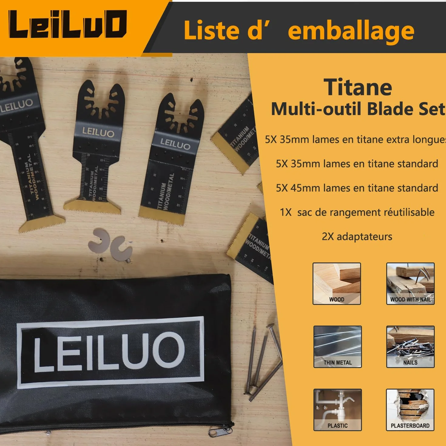 Kit lame multiutensile in titanio LEILUO 15 pezzi Lame oscillanti per chiodi Legno Confezionato in custodia Adatto a Dewalt Makita Ryobi Milwaukee e altro