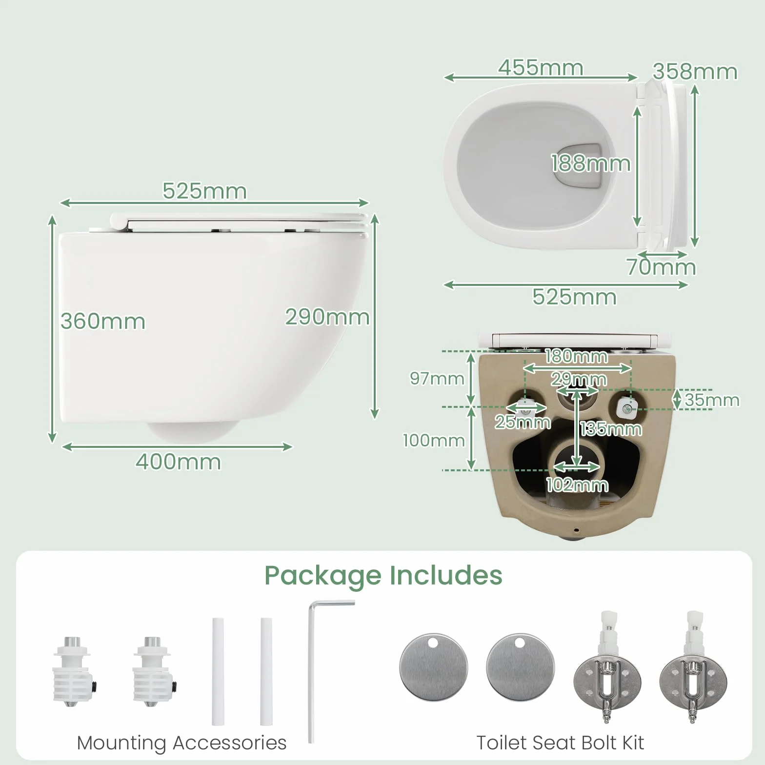 LIFEZEAL Water Sospeso Sanitari a Muro Incasso WC Copriwater a Chiusura Rallentata Sedile Kit di Montaggio Doppio Scarico Ceramica
