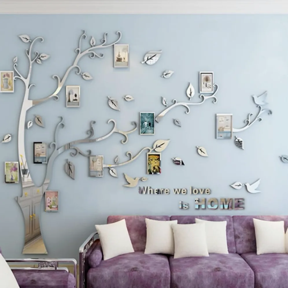 Grande 3D Albero Adesivo Muro Wall Stickers, DIY Cornici per Foto Adesivi Murali per Camera da Letto Soggiorno Ufficio Divano TV Decorazione Parete Cucina (Specchio Argento Sinistro, L)