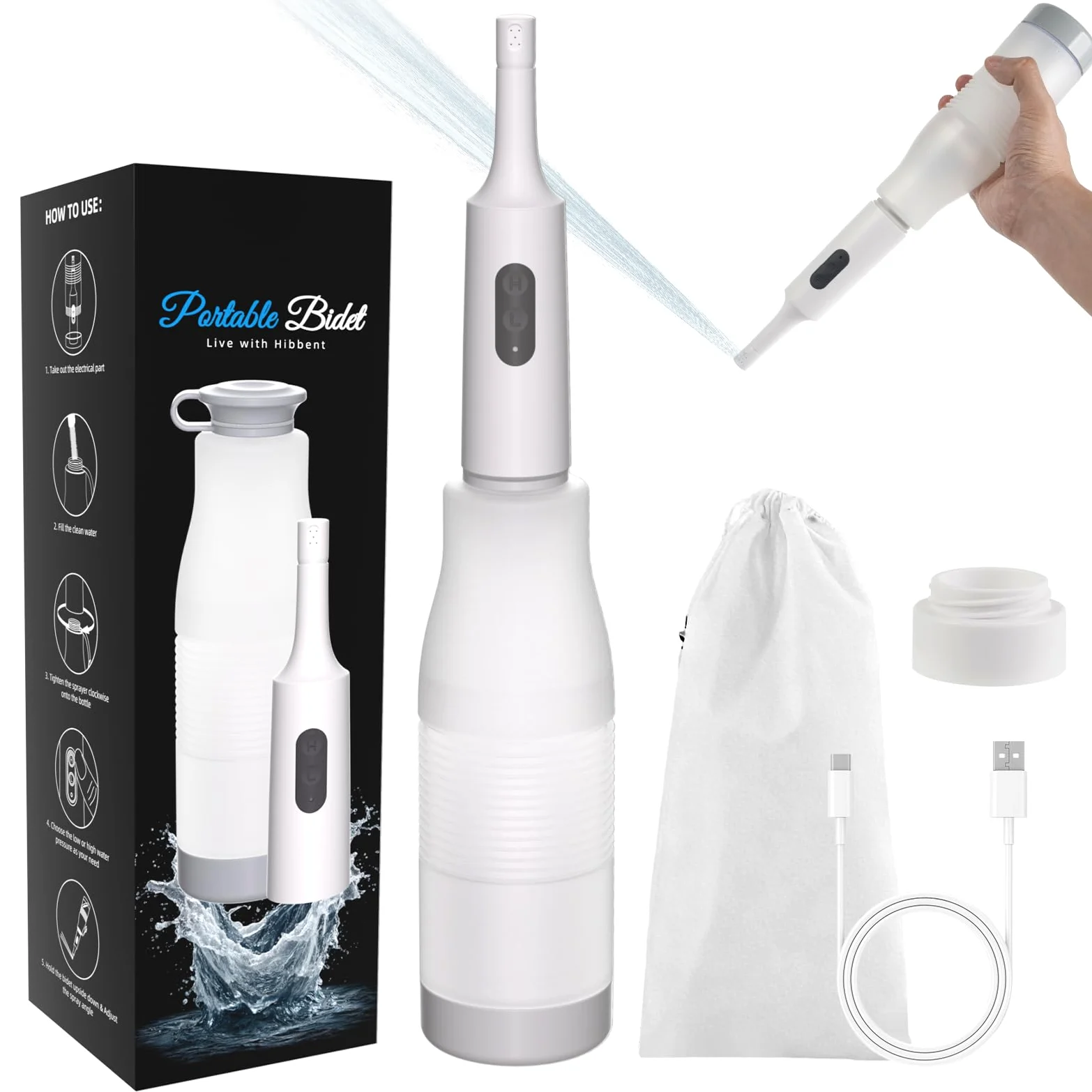 Hibbent Bidet portatile da viaggio, spruzzatore elettrico portatile ad alta pressione, bottiglia espandibile da 350-550 ml per igiene personale, ricaricabile USB-C, impermeabile, bidet da viaggio per