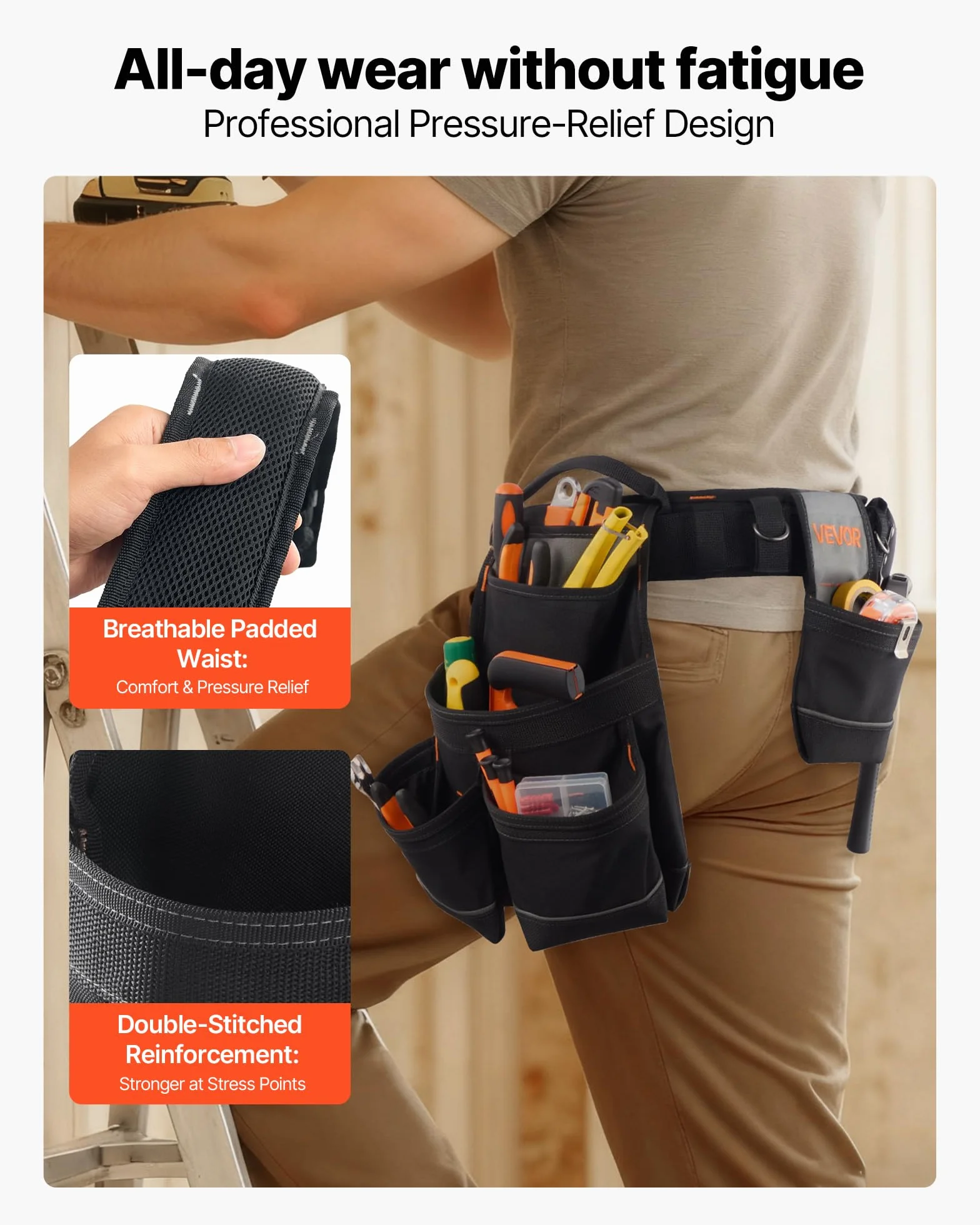 VEVOR Marsupio Porta Attrezzi Elettricista 18 Tasche Borsa Lavoro Staccabile Vita Regolabile 80-131 cm