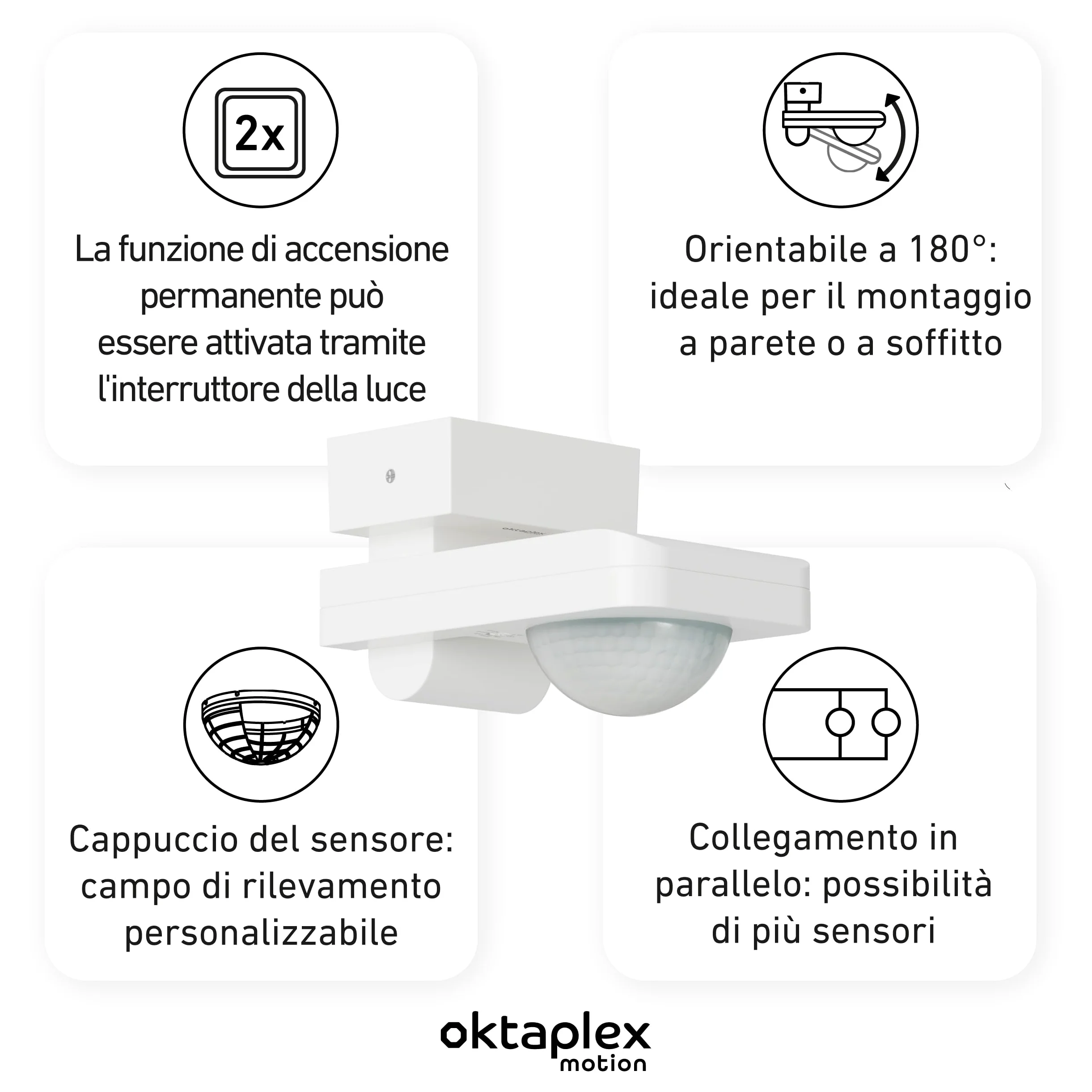 Oktaplex Tea set da 2 sensori di movimento per esterni Bianco 9 m | Sensore di movimento da superficie orientabile 360 ​​gradi 9 m IP65 230 V per soffitto e parete