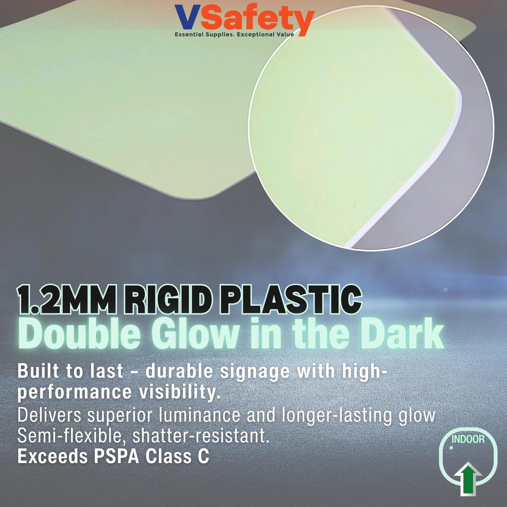 Cartello di sicurezza con scritta "V Safety Glow In The Dark Fire Assembly Point Arrow Up Right Signage" – 750 x 250 mm – Realizzato in plastica rigida a doppio bagliore – Segnaletica antincendio