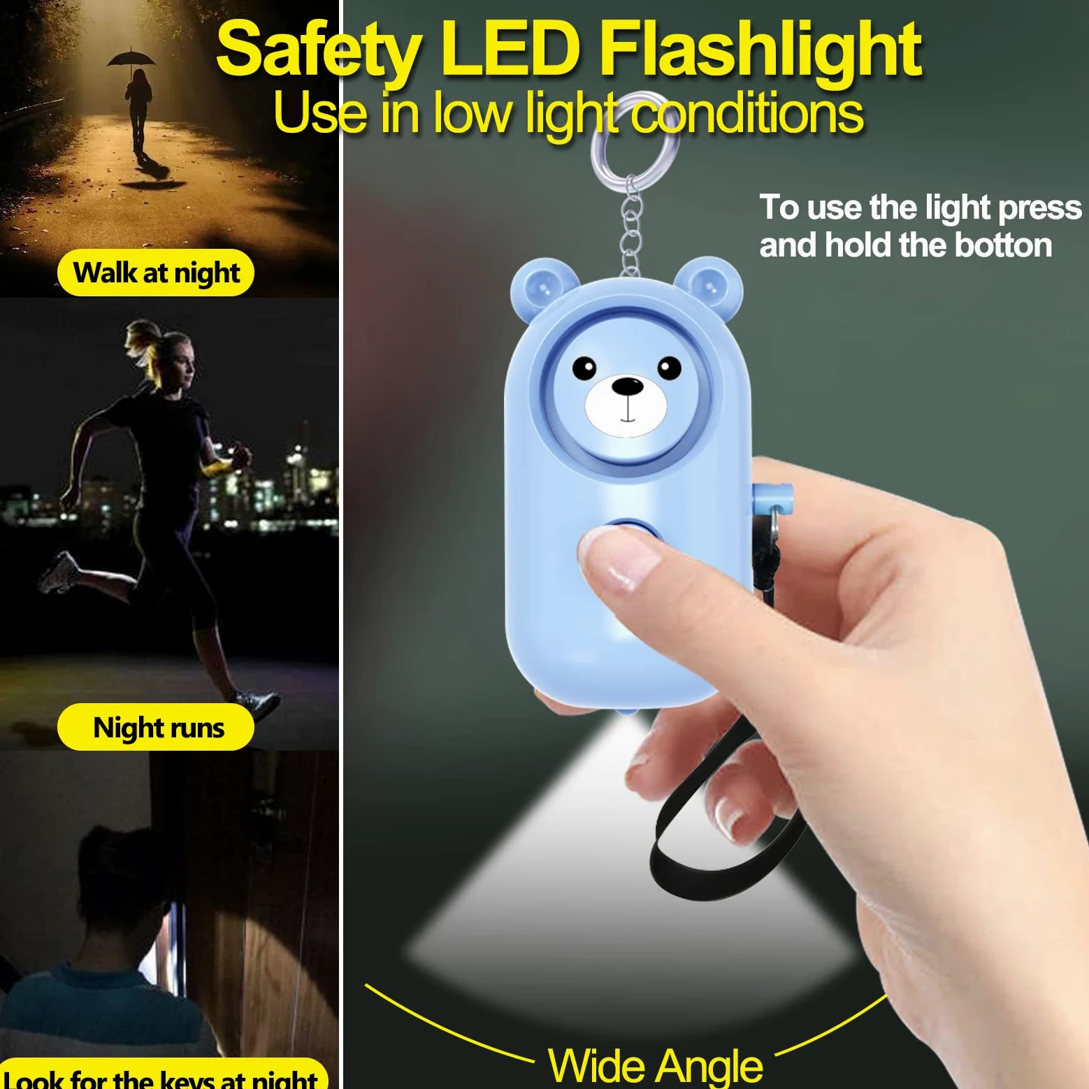 Allarme personale sicuro suono per donne bambini anziani, confezione da 2 simpatici 130dB sirena forte di sicurezza autodifesa con luce LED, portachiavi di sicurezza allarme di emergenza da solo