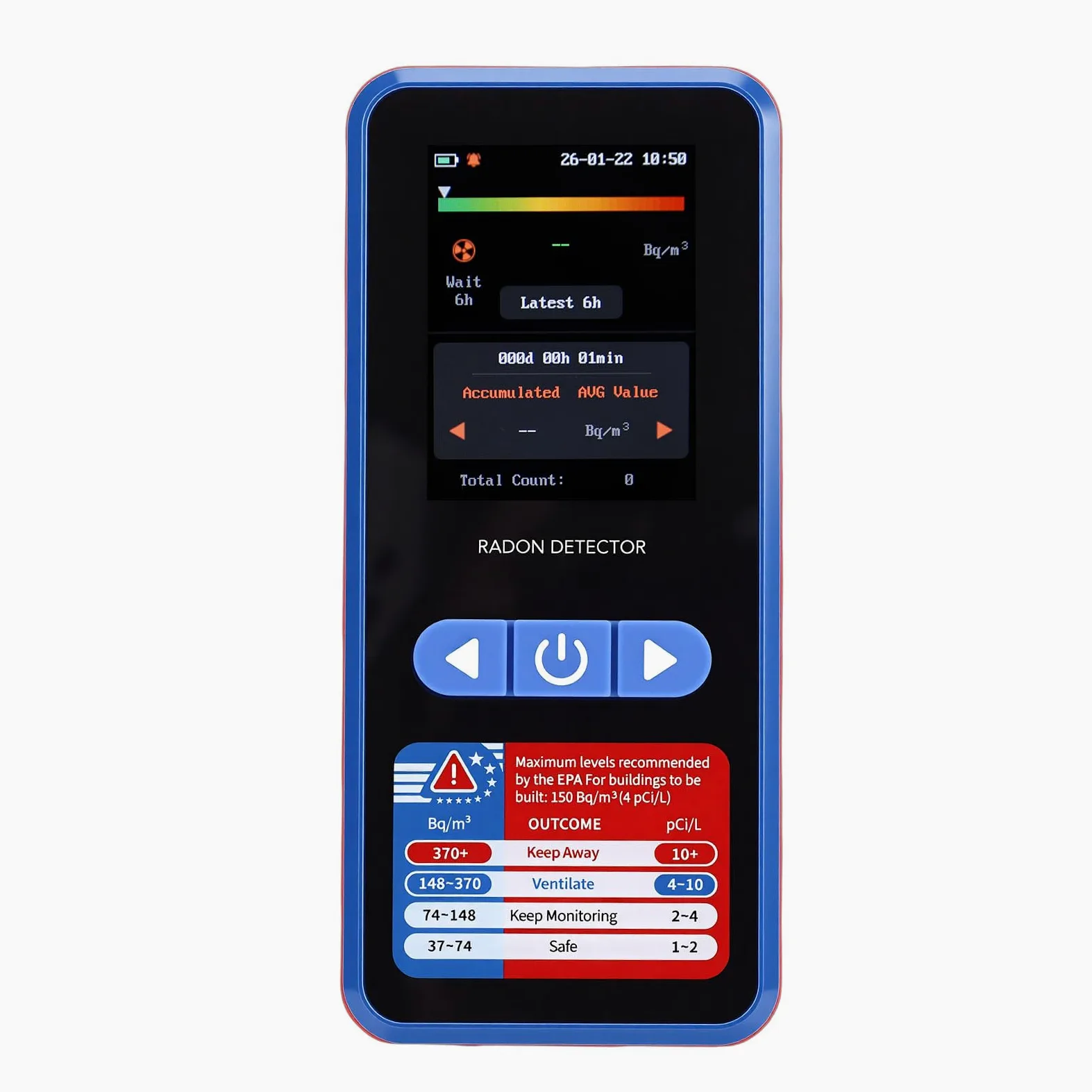 Rilevatore di Radon, Monitor di Radon con Portata 3,3-37k Bq/m, Sensore di con Batteria da 2000 MAh e Archiviazione Dati per 504 Giorni, Ideale per l'uso nel Seminterrato di Casa