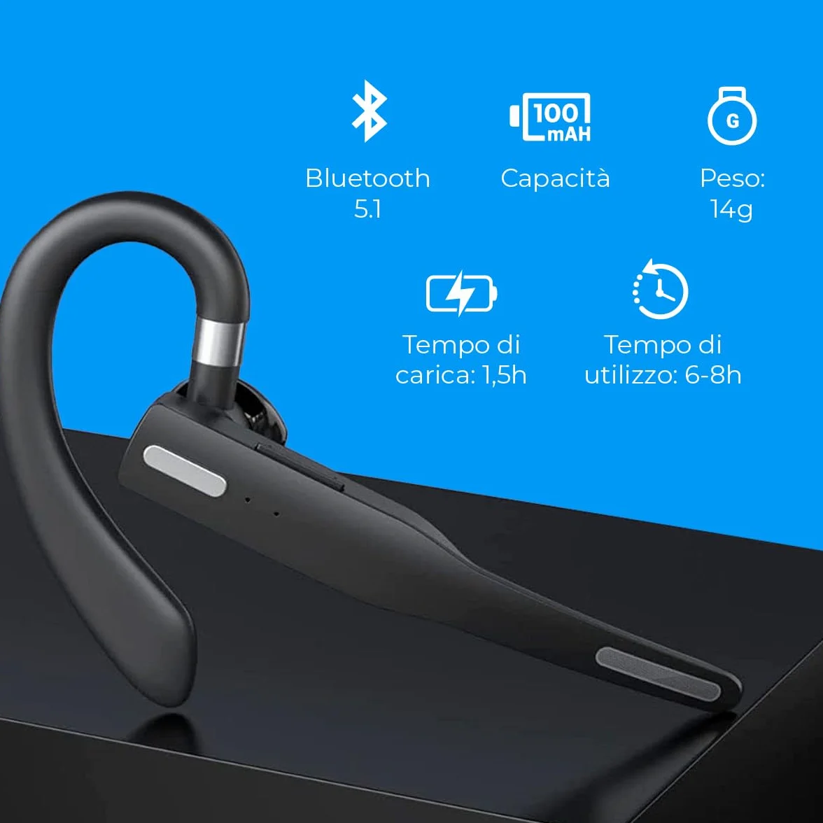 NK Auricolare Bluetooth Singolo Cuffie Bluetooth V5.1 con Microfono e Cancellazione del Rumore, Connessione a Doppio Dispositivo per iPhone, Android e PC - Include Custodia per il Trasporto