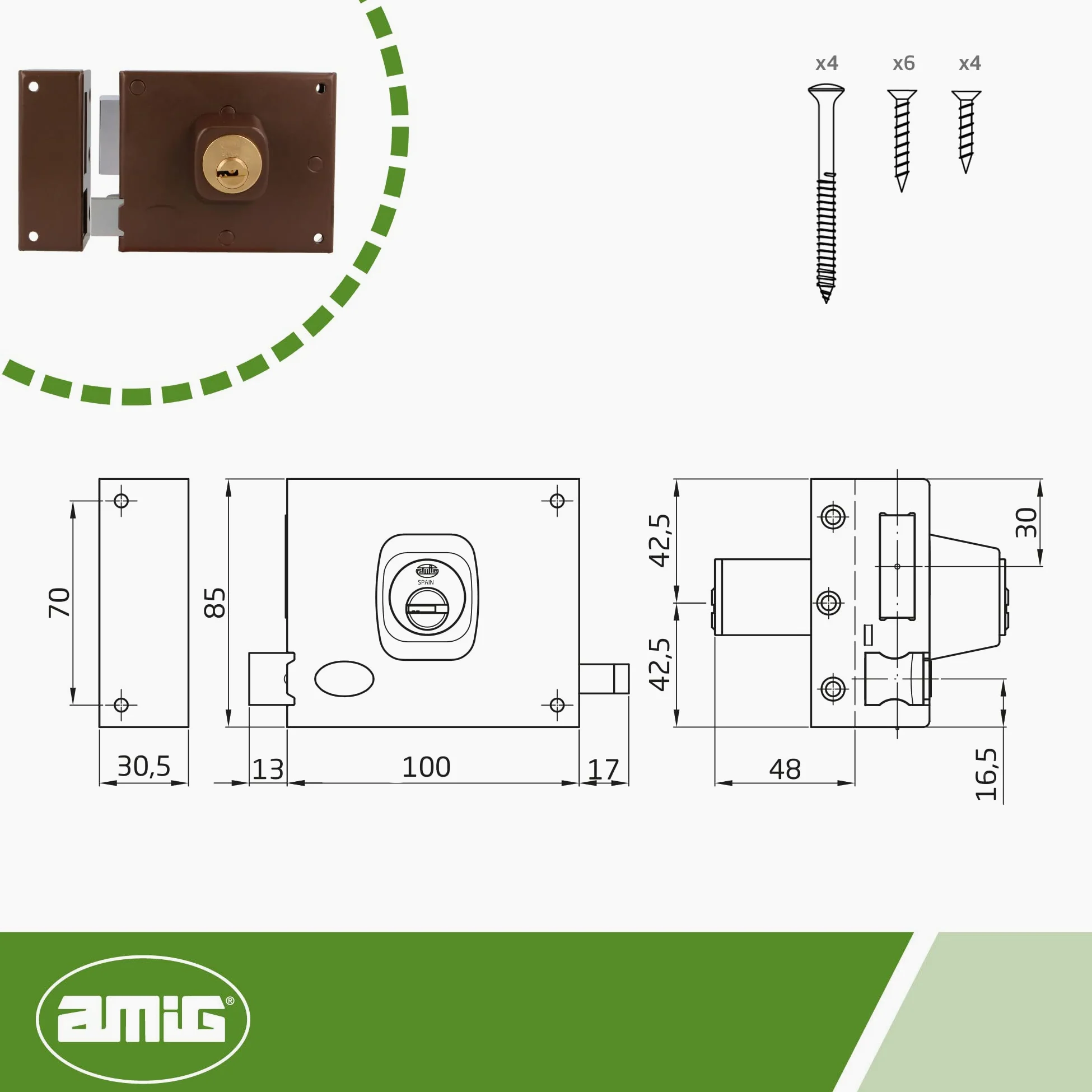 Amig - Serratura Sovrapposizione Sinistra Mod. 72 - Con leva, linguetta e maniglia - Sicurezza migliorata con cilindro rotondo, per porte in legno, marrone, 100 x 85 mm