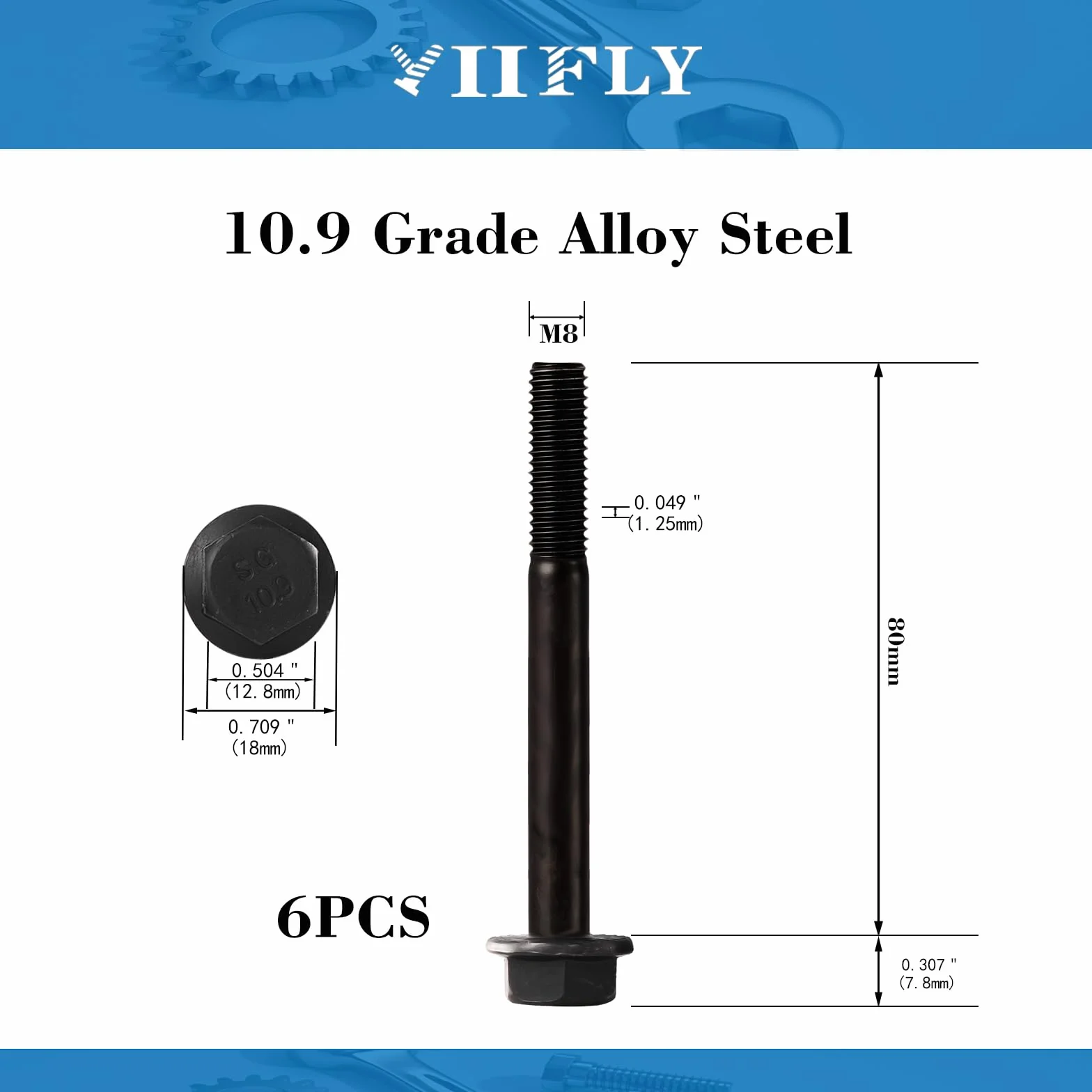 Śruby M8 x 80 mm 10.9 DIN 6921 stal węglowa oksydowane 6 szt.