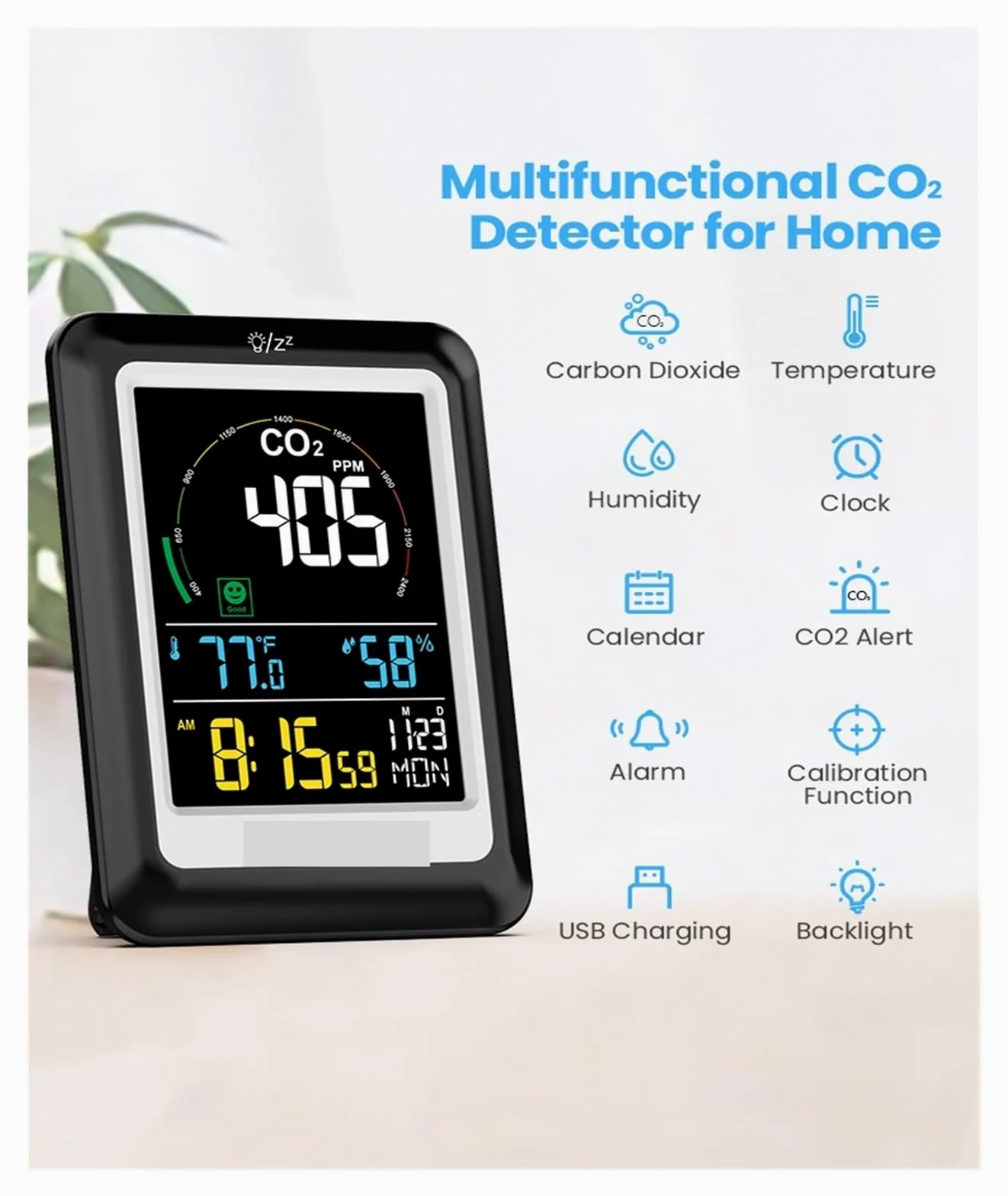 Misuratore Qualità dell'aria, Monitor a qualità 'aria 5 in 1 Misuratore di CO2 Rilevatore in tempo reale Misuratore di anidride carbonica Rilevatore digitale di umidità di temperatura per Casa Cucina