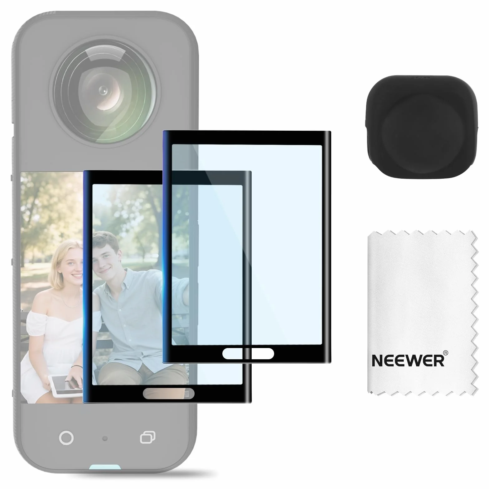 NEEWER Protezione per Schermo/Lente Compatibile con Insta360 X5 X4 Action Cam, Pellicola Protettiva per Schermo Temperato (2pz), Cap Custodia Protettiva in Silicone e Kit Accessori di Ricambio, CA156
