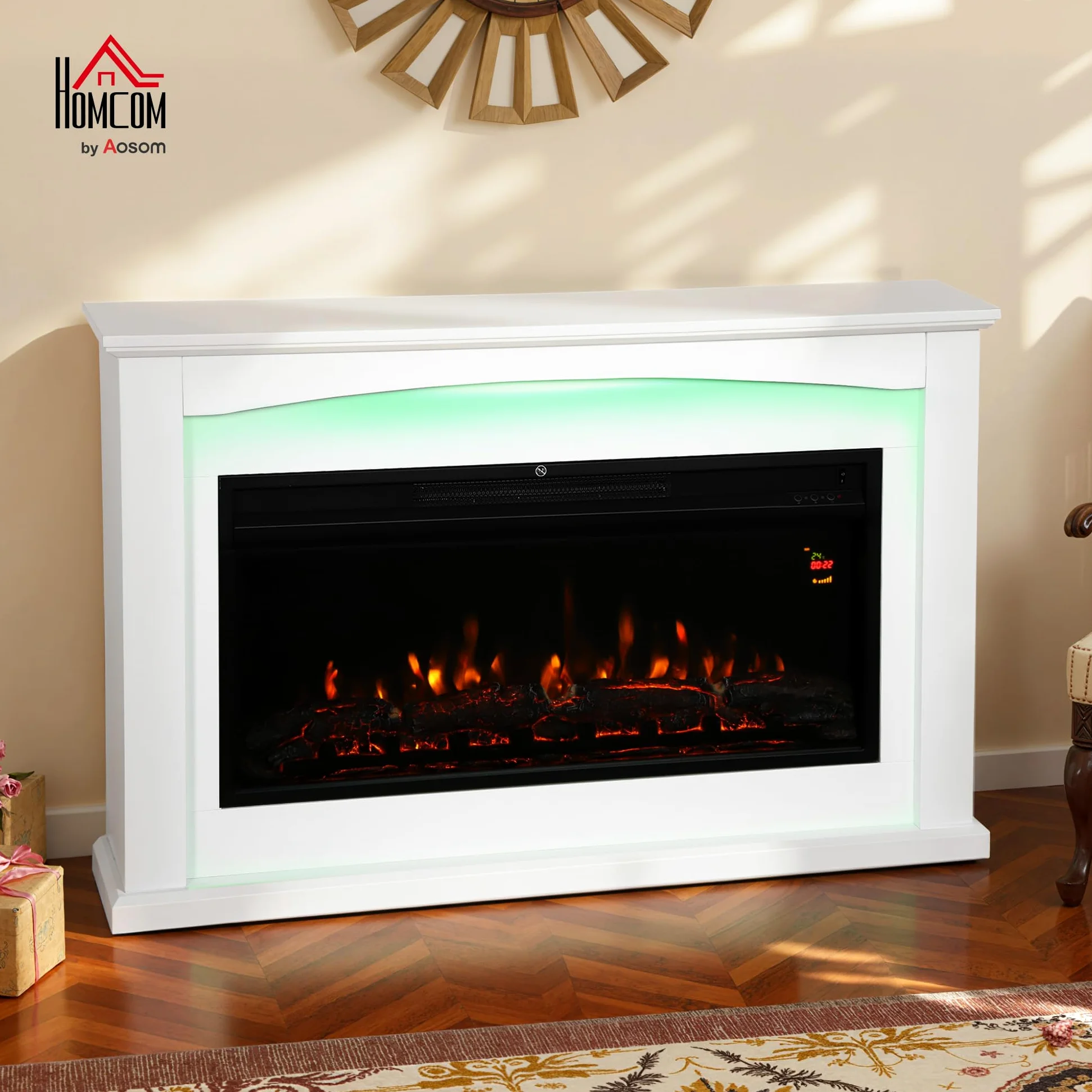 HOMCOM Caminetto elettrico 1000W/2000W, effetto fiamma con 5 luminosità regolabili, finto caminetto decorativo con mantello, termostato regolabile, telecomando, timer, fino a 30 m², bianco