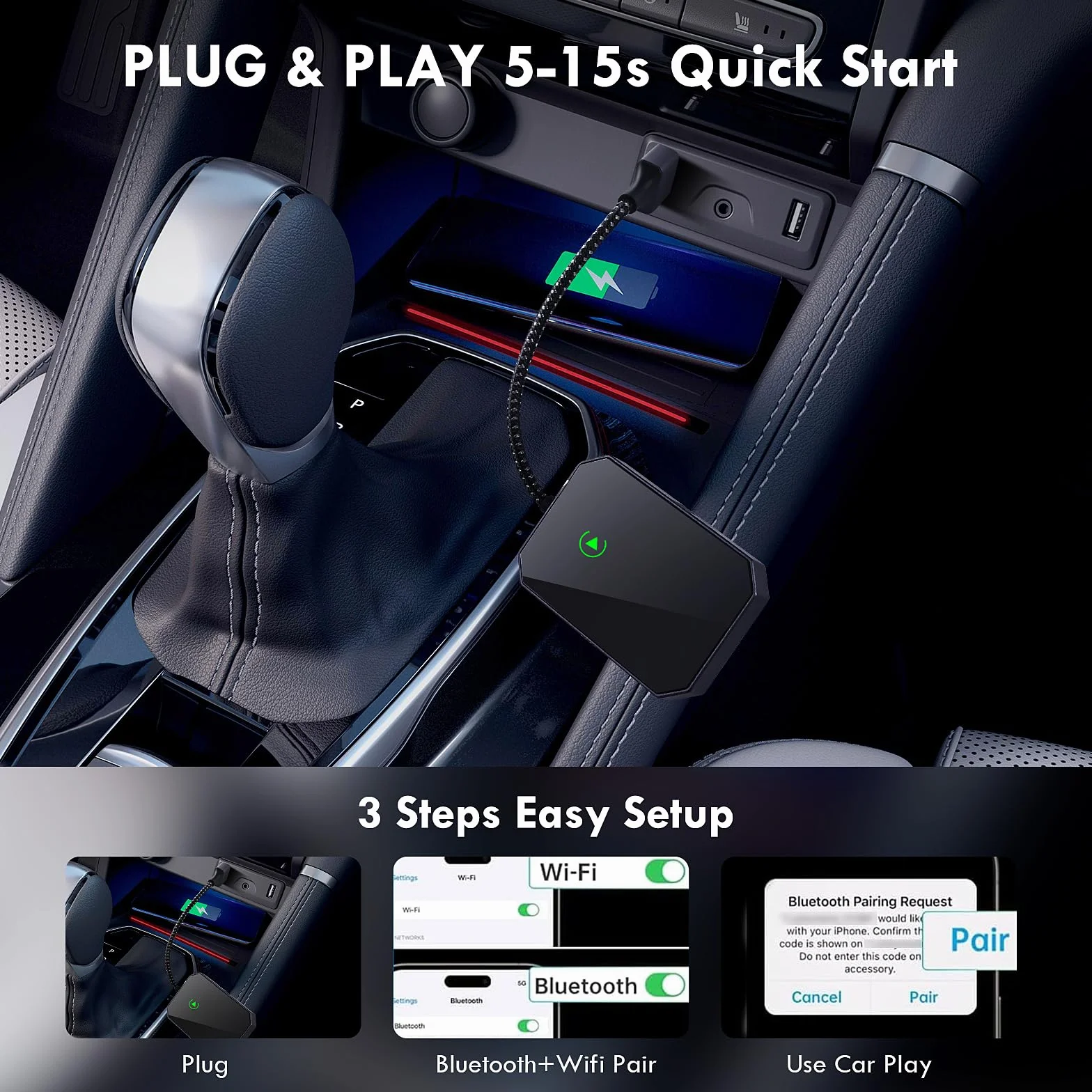 Adattatore Wireless CarPlay per iOS, Adattatore Wireless i-Phone Auto Converte CarPlay Cablato in Wireless, Plug and Play, USB C a A Dongle Wireless CarPlay Adatto per il 90% delle Auto