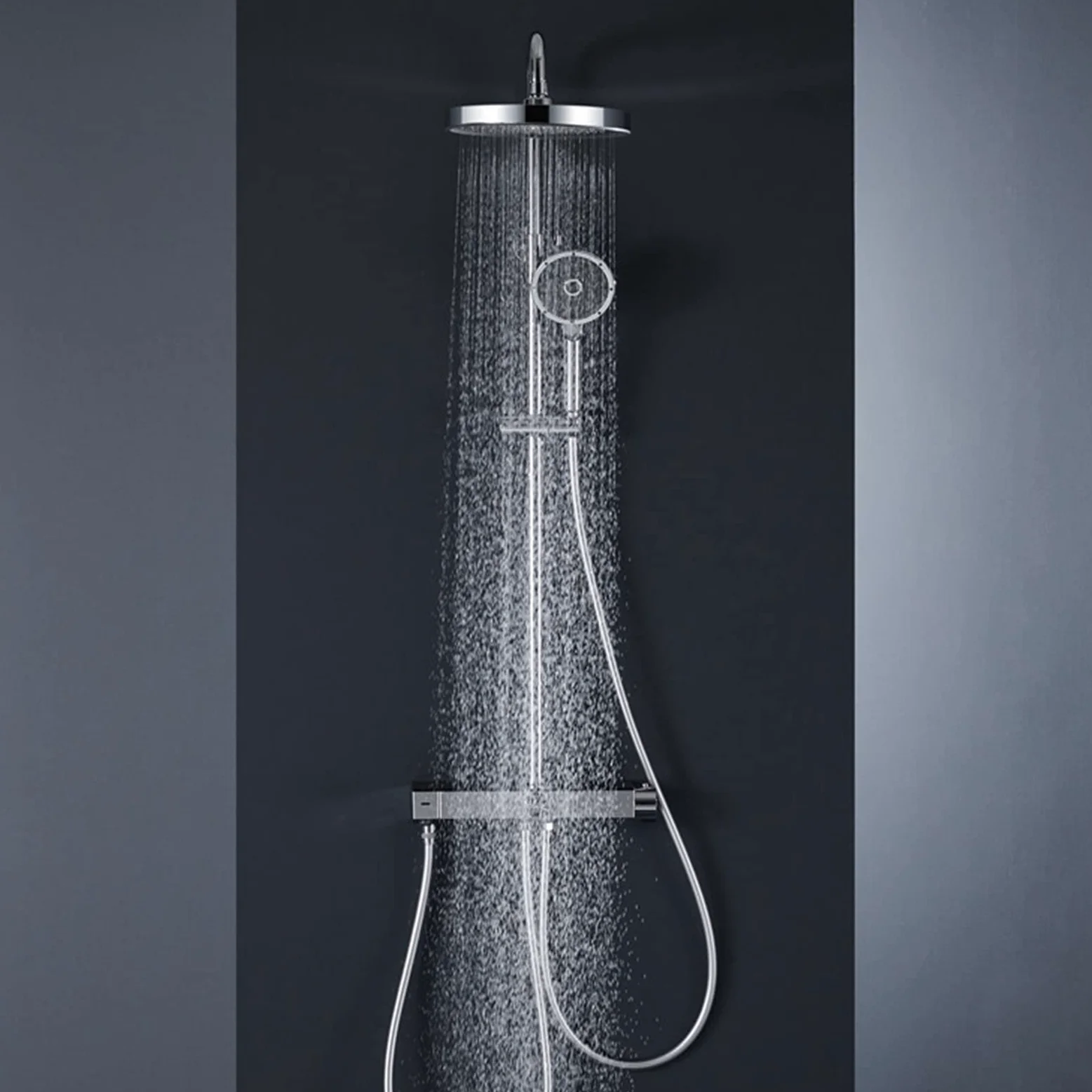 Set Rubinetto Doccia termostatico Cromato, Moderno Sistema a 4 funzioni, soffione a Pioggia con doccetta, Bocca per Vasca, doccetta per Bidet, Montaggio a Parete