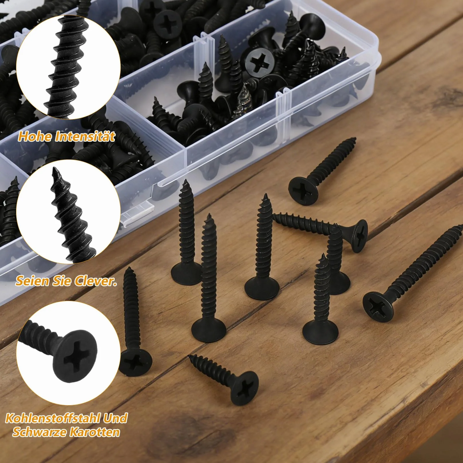 Viti per Legno M3.5 160 Pezzi, Set Viti Autofilettanti Nere Testa Svasata Piatta per Legno e Cartongesso