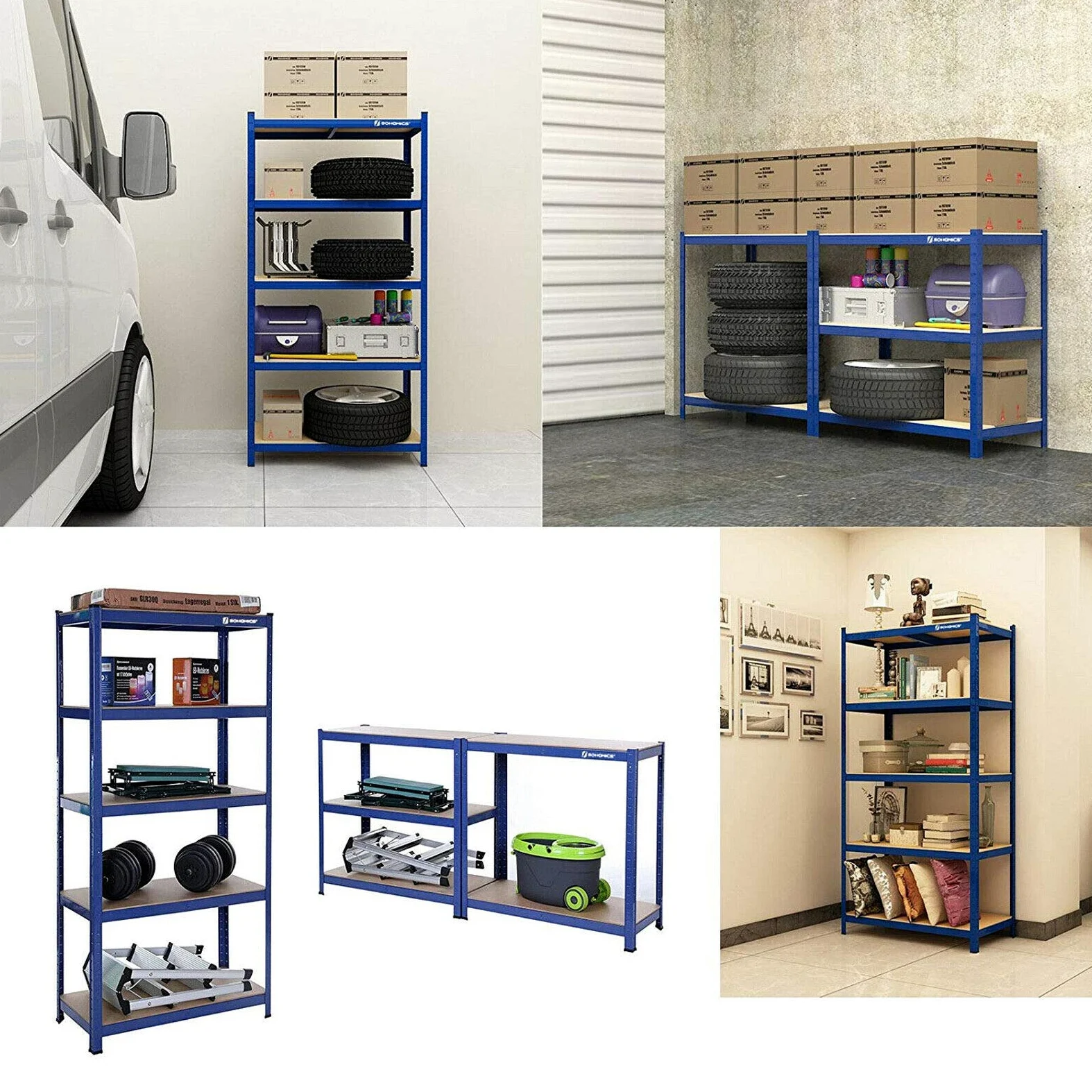 DayPlus Scaffalatura in metallo resistente e regolabile per carichi pesanti in metallo, per garage, cantine, officine, con 5 ripiani in MDF, portata 875 kg, portata 200cm x 100cm x 50cm, Blu