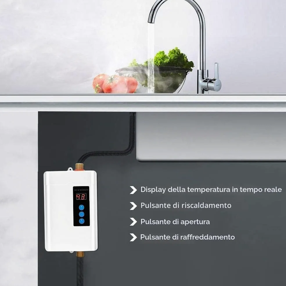 Focket Riscaldatore di Acqua Istantaneo, Mini Display LCD Touch-Screen Scaldabagno Elettrico Senza Serbatoio Riscaldatore di Acqua Calda per Uso Domestico con Funzione di Memoria(Bianco EU 4000W)