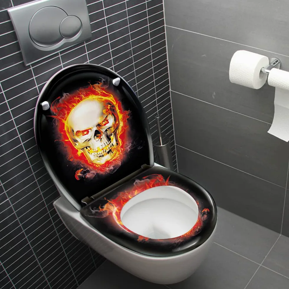 LARS360 Sedile WC con abbassamento automatico, misura universale, in plastica rigida, sedile WC con abbassamento lento, antibatterico, fiamma del cranio