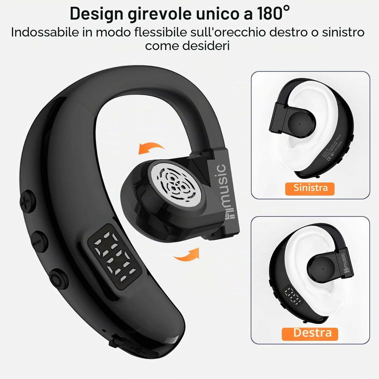 Hmusic Auricolare Bluetooth Singolo V5.4, Rotazione 180°, per Orecchio sinistro e destro, IPX5 Impermeabile, 20 Ore di Autonomia con microfono ENC, per guida, lavoro e sport (nero)