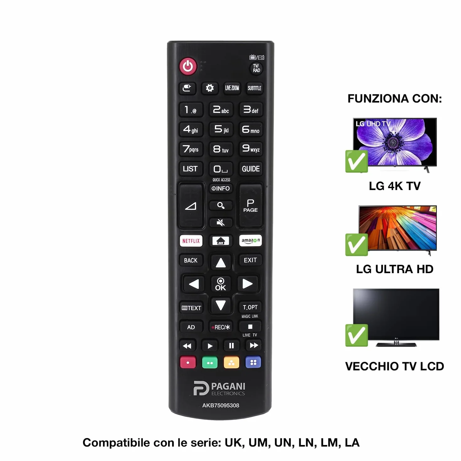Telecomando Universale LG AKB75095308 Compatibile con TV LG Smart TV, LED, LCD, OLED, UHD, 4K, HD, WebOS, Nessuna Configurazione, Batterie Incluse, Azienda Italiana, Testato in Italia