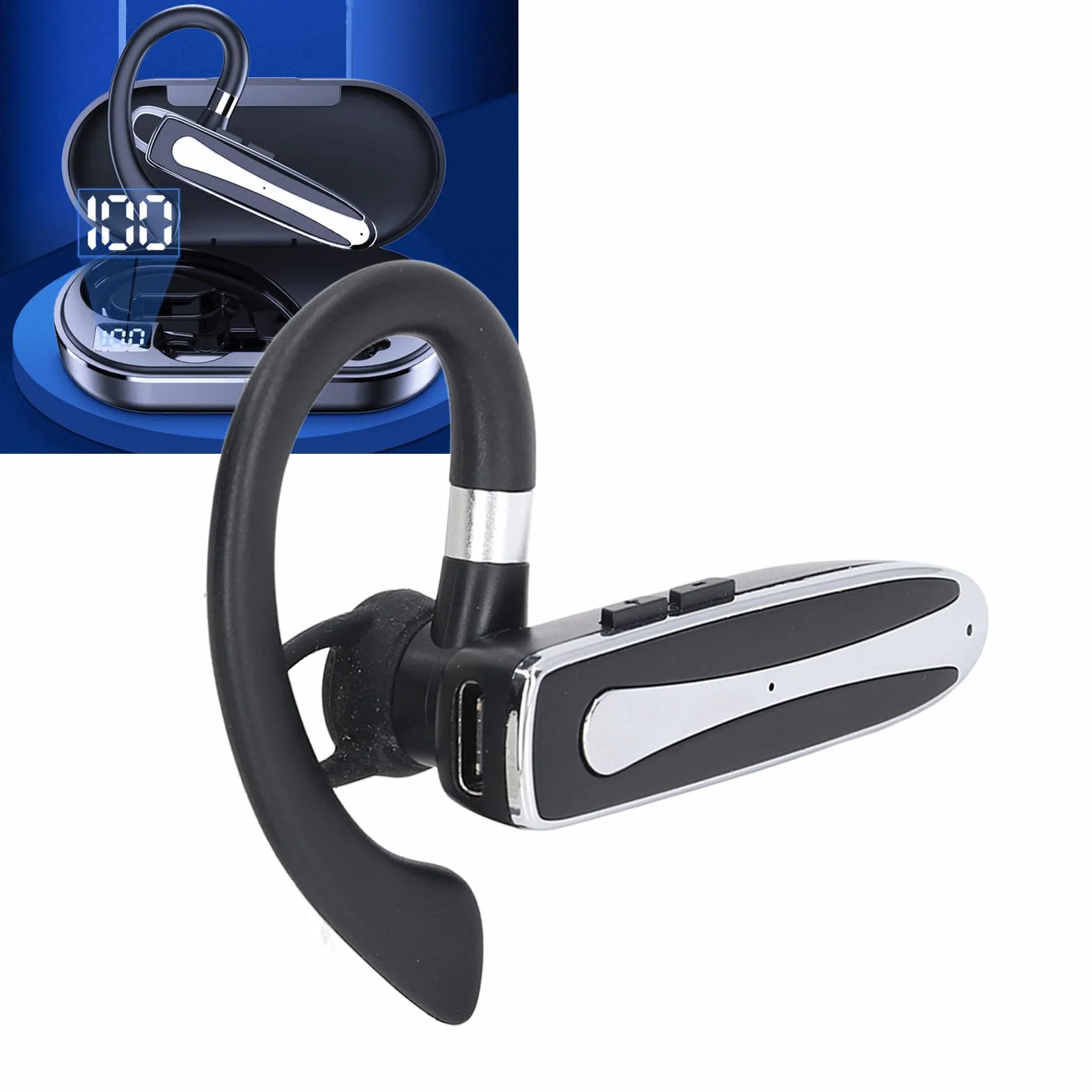 PUSOKEI Auricolare Bluetooth, auricolare Bluetooth con microfono per telefoni cellulari, doppio microfono, cancellazione del rumore, rotabile, auricolare singolo orecchio senza fili, vivavoce con