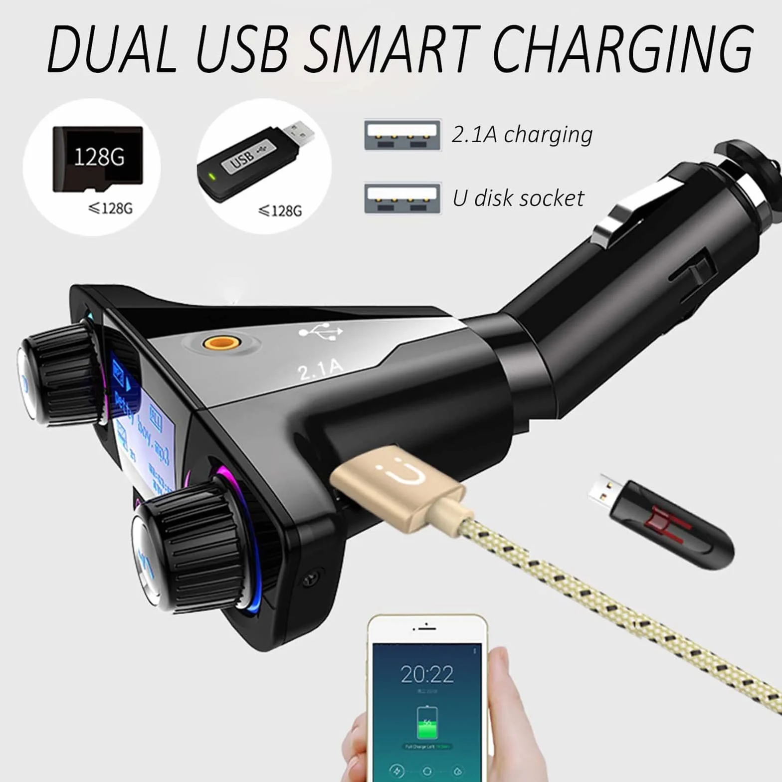 Bluetooth trasmettitore FM lettore MP3 kit vivavoce per auto wireless radio audio compatibile con Dual USB 5 V 2.1 A U disk TF Card
