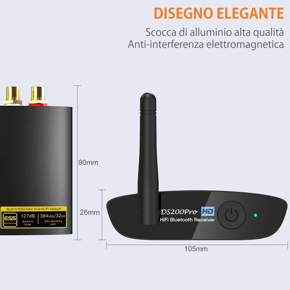 1Mii Ricevitore Bluetooth 5.3 HiFi per Stereo, Adattatore Audio Bluetooth Hi-Res LDAC, aptX HD con ESS DAC Audiophile Uscita Ottica/RCA per Ricevitore AV o Amplificatore- DS200Pro