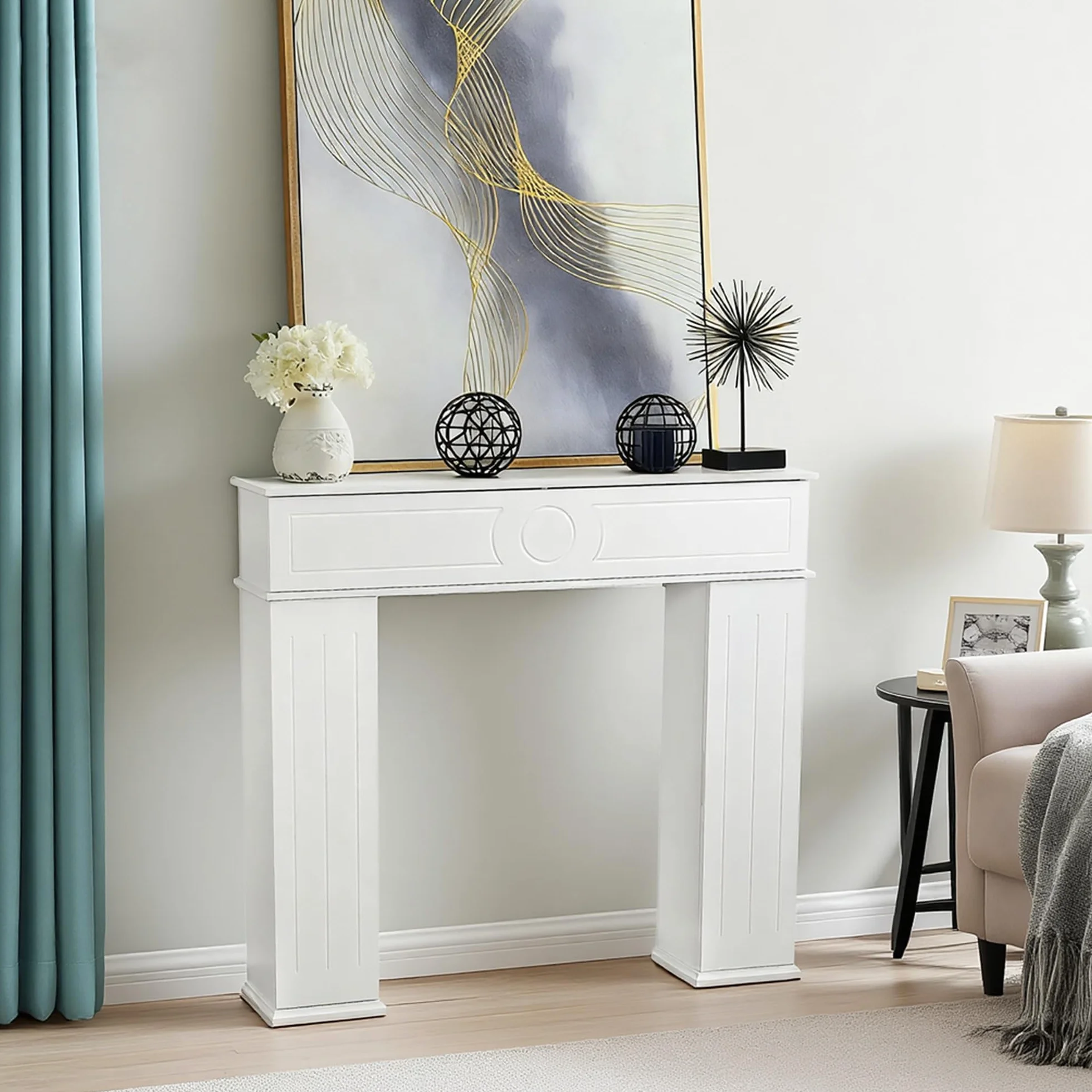 Cornice decorativa per camino in legno 3 porte con vano portaoggetti e scomparto segreto
