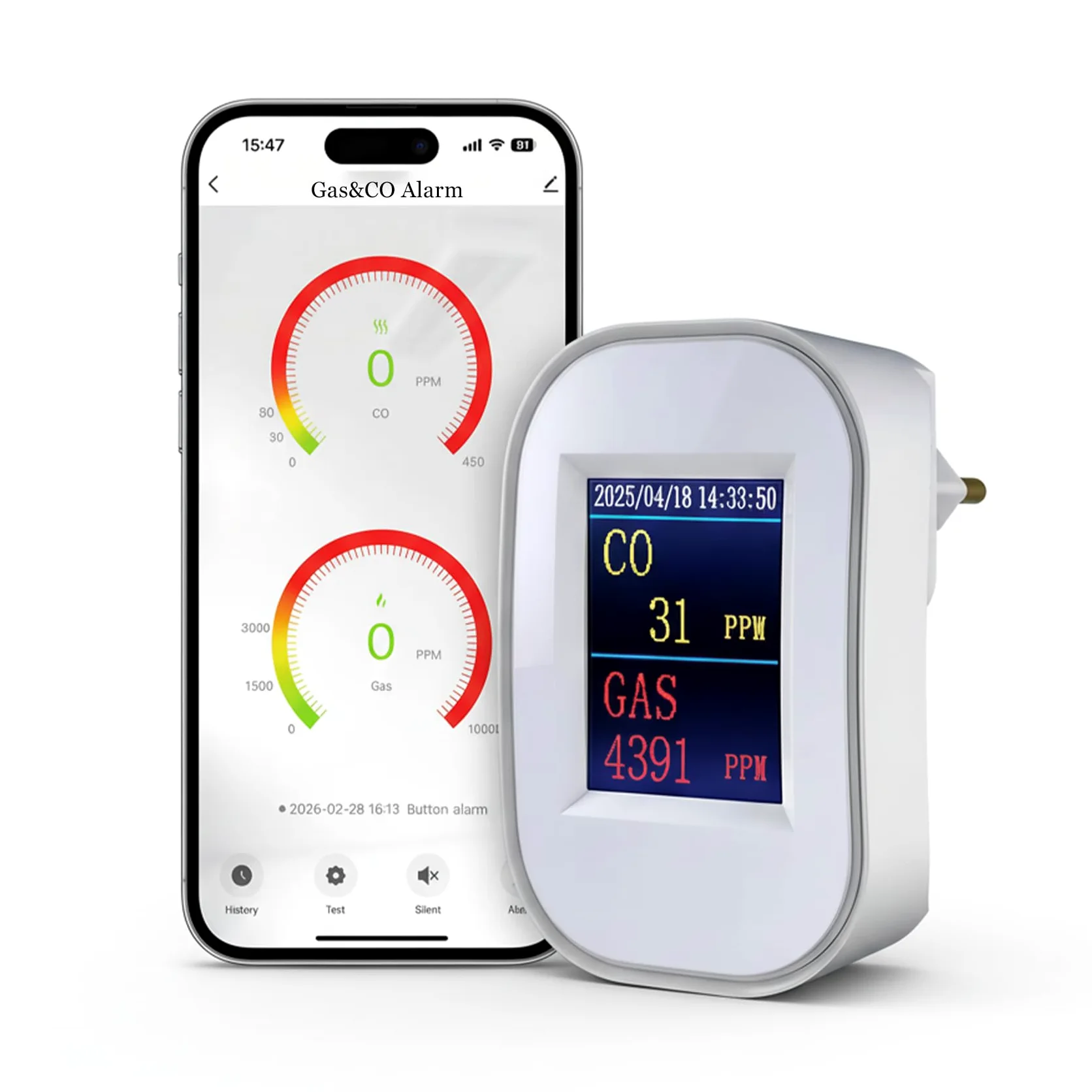 SINOTÉCA Rilevatore Gas e Monossido di Carbonio WiFi, 2 in 1 Metano/GPL/Propano, Display LED PPM, Notifiche App Tuya, Presa a Muro Senza Batteria, EN50291 EN50194, per Casa Cucina Garage Camper