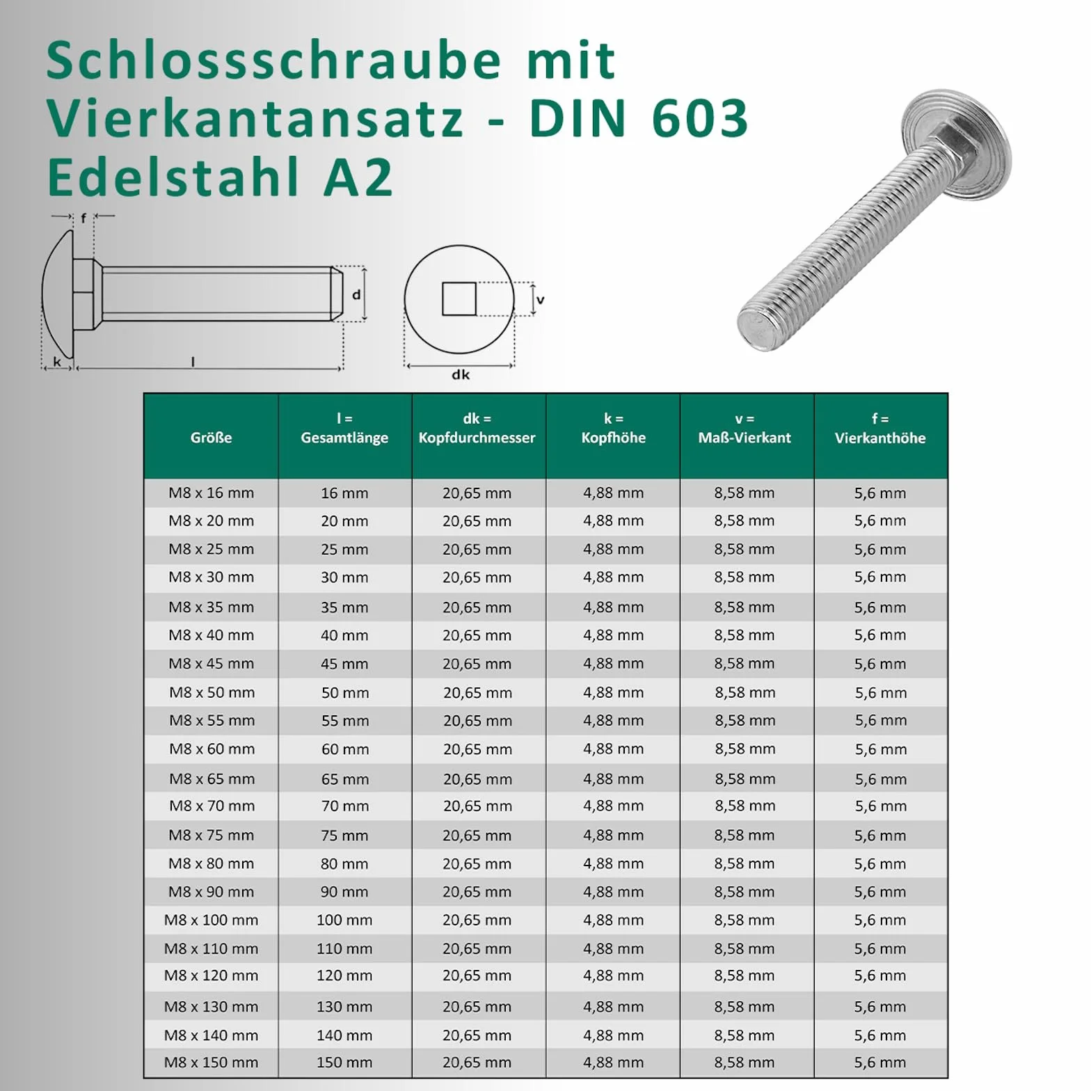 Viti a testa esagonale M8 x 30 mm DIN 603 acciaio inox A2 V2A 50 pezzi
