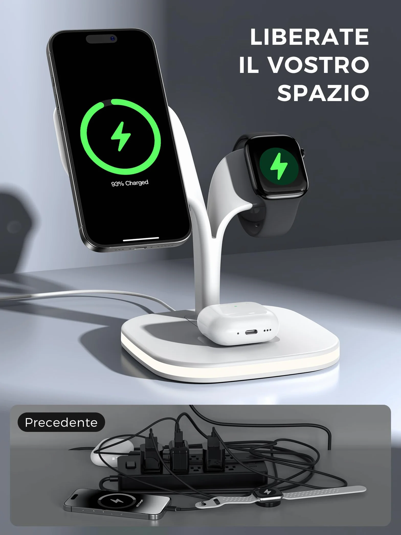 HJCE Caricatore Wireless 3 in 1 per iPhone MagSafe Stazione Ricarica per iPhone 17e Air 17 16 15 14 13 12 Series, per Apple Watch 11/10/9/8/7/6/5/4/3/2/SE/Ultra, per AirPods 3/2/Pro