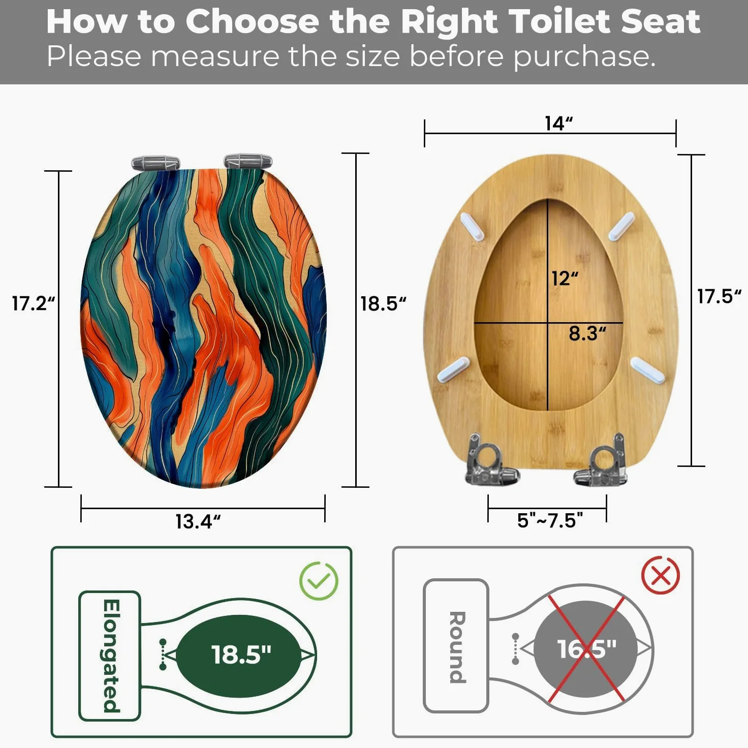 Sedile WC allungato in legno con cerniere a sgancio rapido a chiusura ammortizzata, stampa astratta senza cuciture, copriwater decorativo.