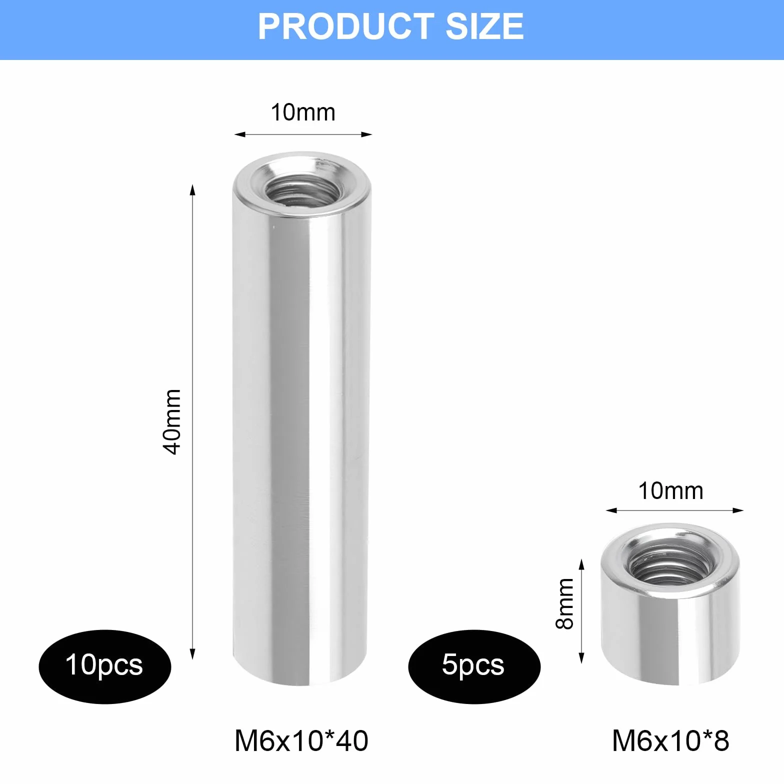 15 pezzi Set di Dadi Cilindrici Filettati M6, Distanziatori in Acciaio Inox 304 10x40mm & 10x8mm Raccordi per Viti Distanziatori per Parete Dado Prolunga per Fissaggi Industriali e Domestici