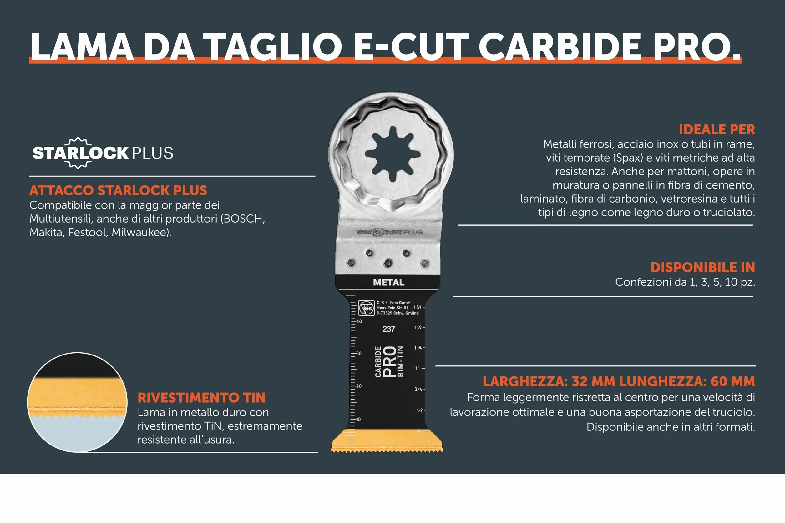 FEIN E-Cut Carbide Pro Lama da taglio in profondità, 1 pz., Larghezza 32 mm, Lunghezza 60 mm, Attacco Starlock Plus, Lama in metallo duro con rivestimento in TiN estremamente resistente all’usura