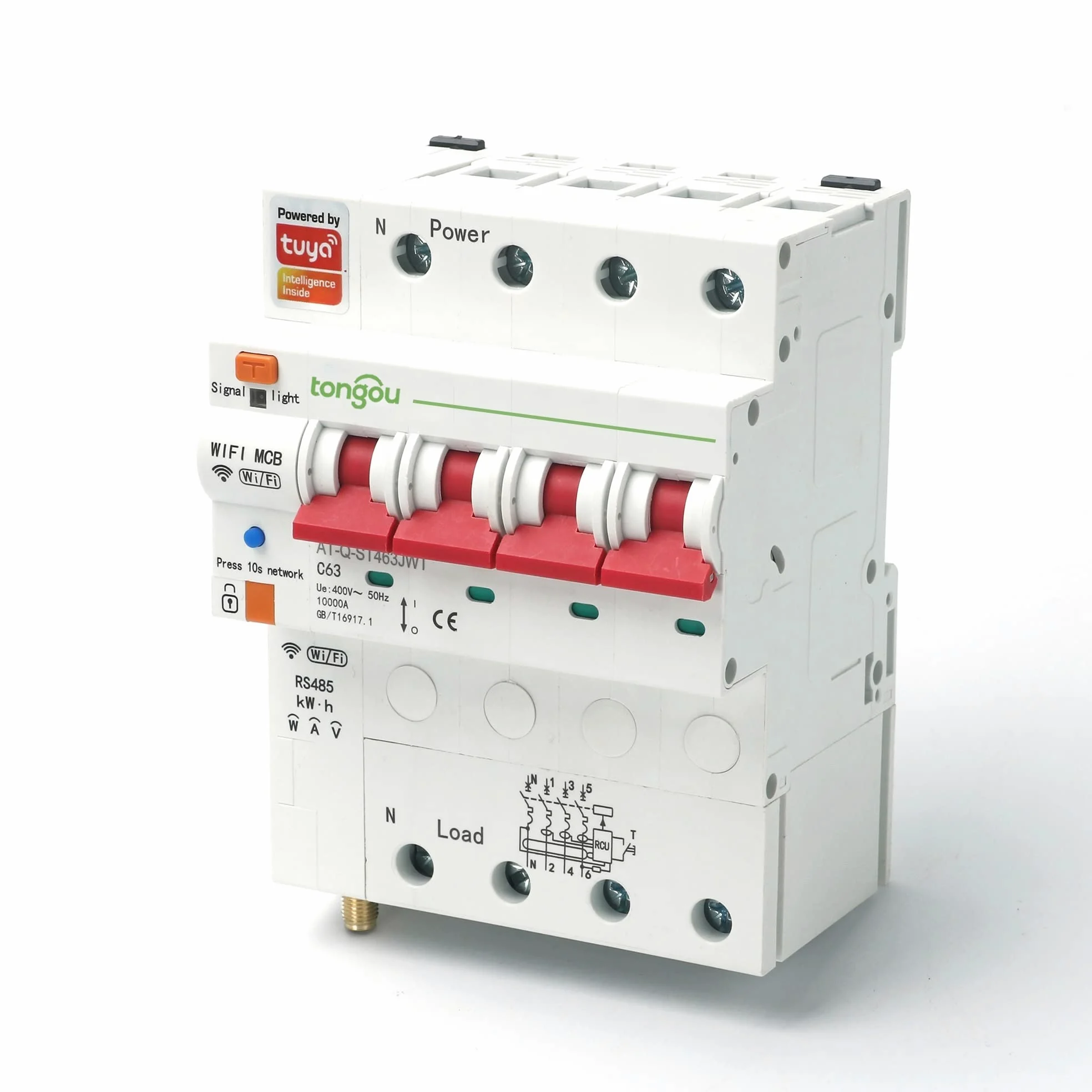 Magnetotermico,Interruttore Magnetotermico 4P Trifase RCBO WIFI Contatore di Energia Intelligente Misuratore Kwh di Monitoraggio Interruttore Timer Relè con Protezione di Perdite 63A