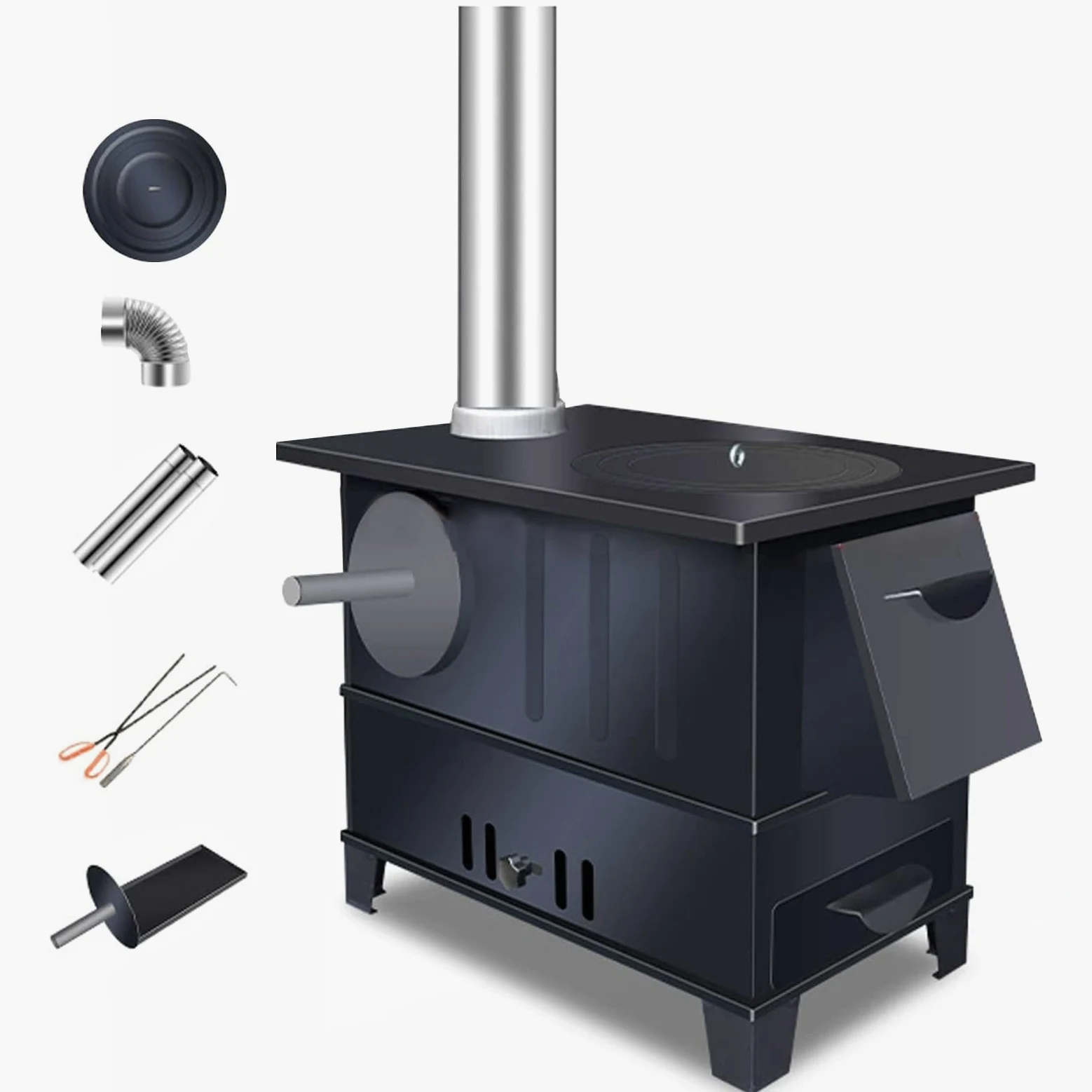 Stufa A Pellet Stufa A Legna Con Forno Struttura in Lamiera D'acciaio Focolare Di Grande Capacità Forno A Legna Include Camino, Gancio E Pinza(50.5 * 30.5 * 41cm)