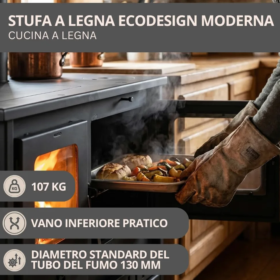 Prity 1P36D - Forno a legna con forno singolo, certificato CE, fornello da cucina compatto a combustibile solido