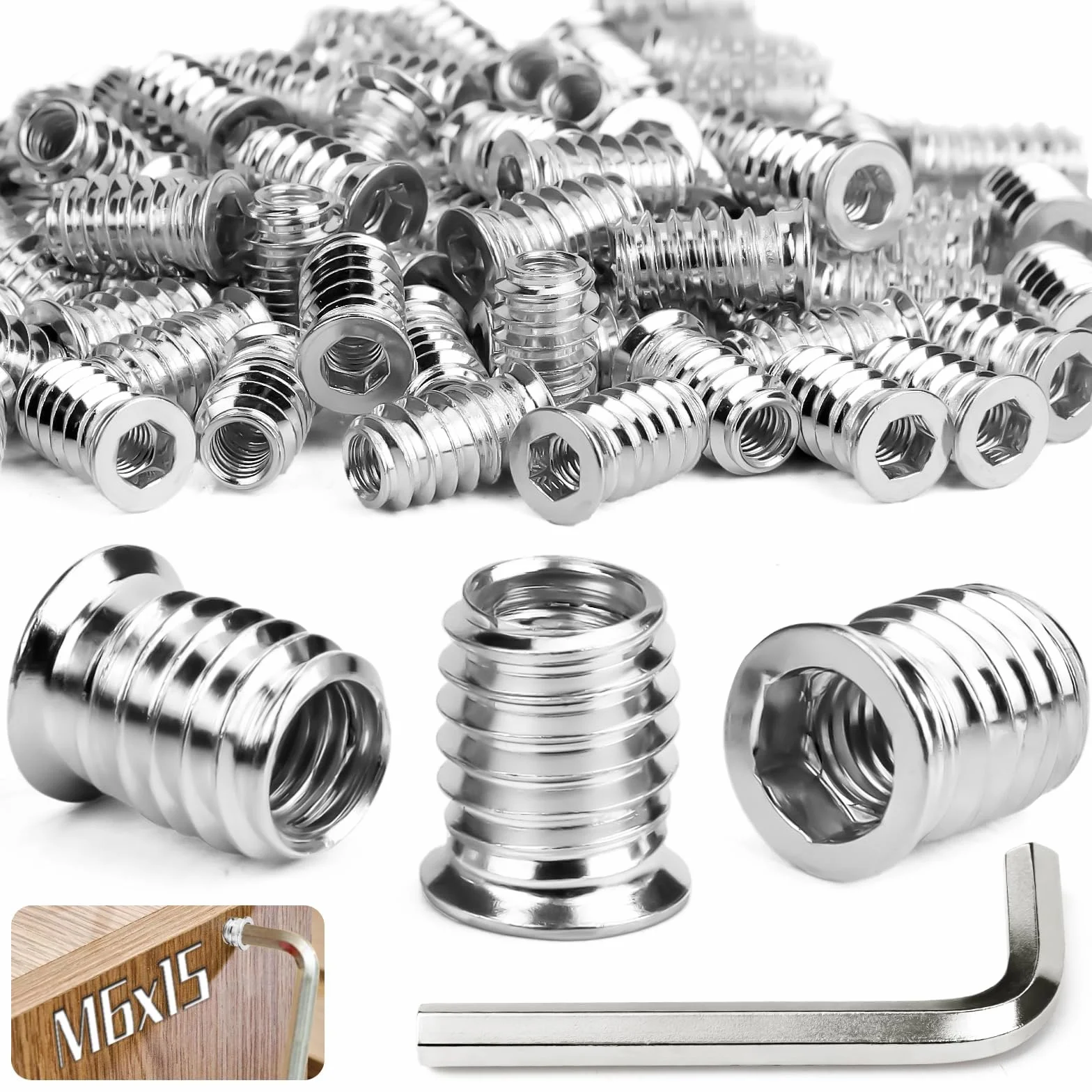 SWTYExt 100 Pezzi Boccole Filettate M6x15 in Acciaio al Carbonio con EsagonoIncassato Dadi Inserti Filettati per Legno per Mobili in Legno