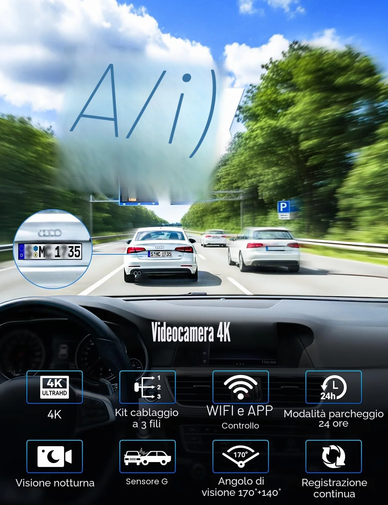 Dashcam 4K 3-Canali, 3,17" Display IPS Dash Cam, Telecamera Auto con WiFi & App, Grandangolo 170°, Sensore G, Visione Notturna, Registrazione in Loop, Monitoraggio Parcheggio,Scheda SD da 64 GB