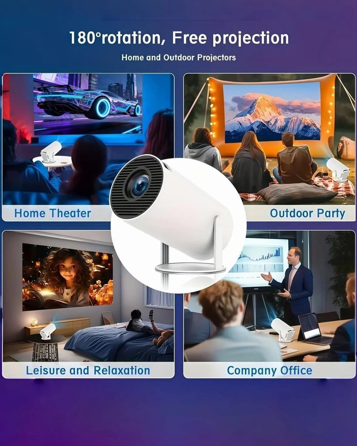 Mini proiettore Intelligente da 210°, proiettore di Film Intelligente 4K, Altoparlante Integrato, WiFi e Bluetooth, Oltre 20 Scene di finestre, for Camera da Letto o Soggiorno