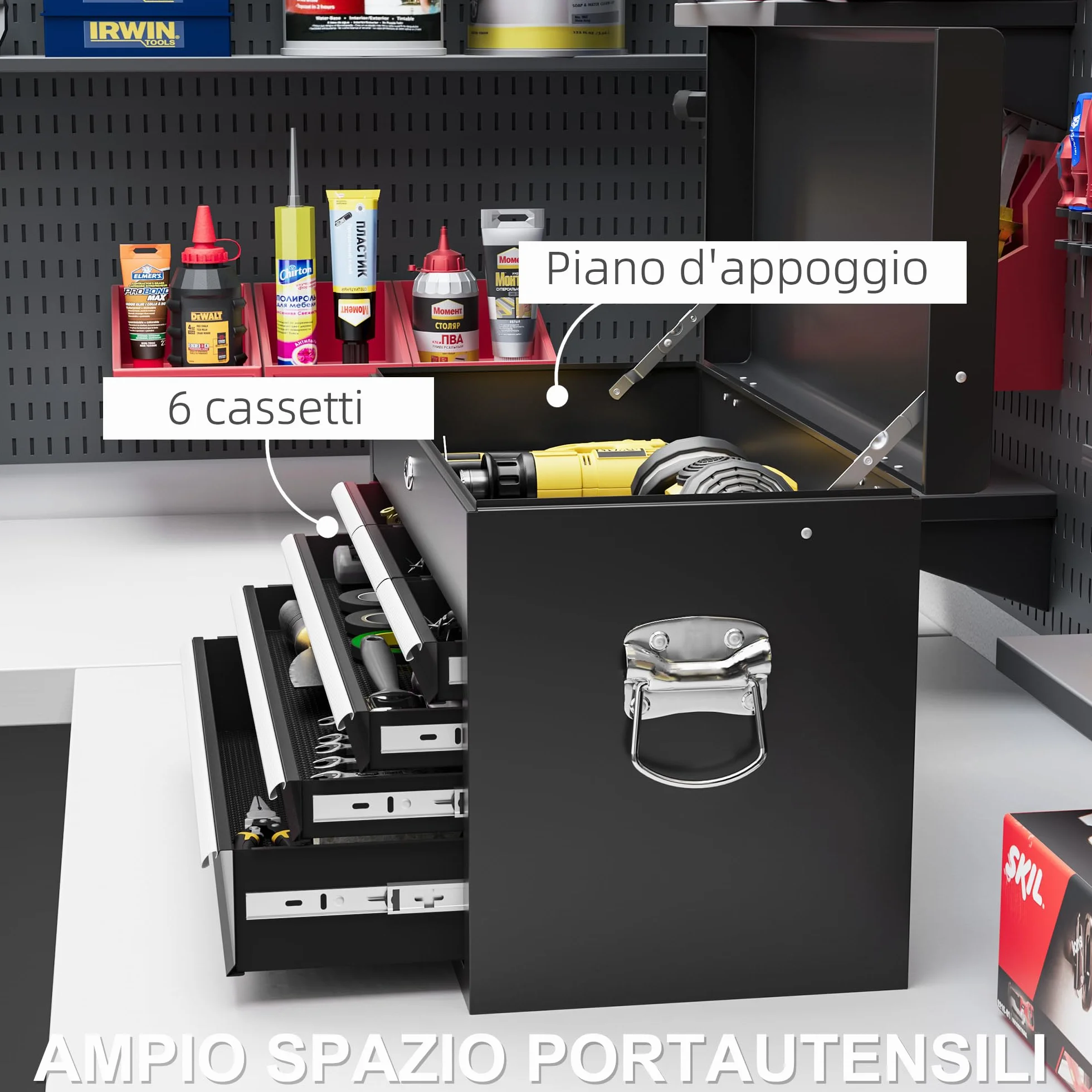 HOMCOM Cassetta Porta Attrezzi 6 Cassetti con Serratura, Acciaio Guide Sfera, 60x26x34 cm, Nero